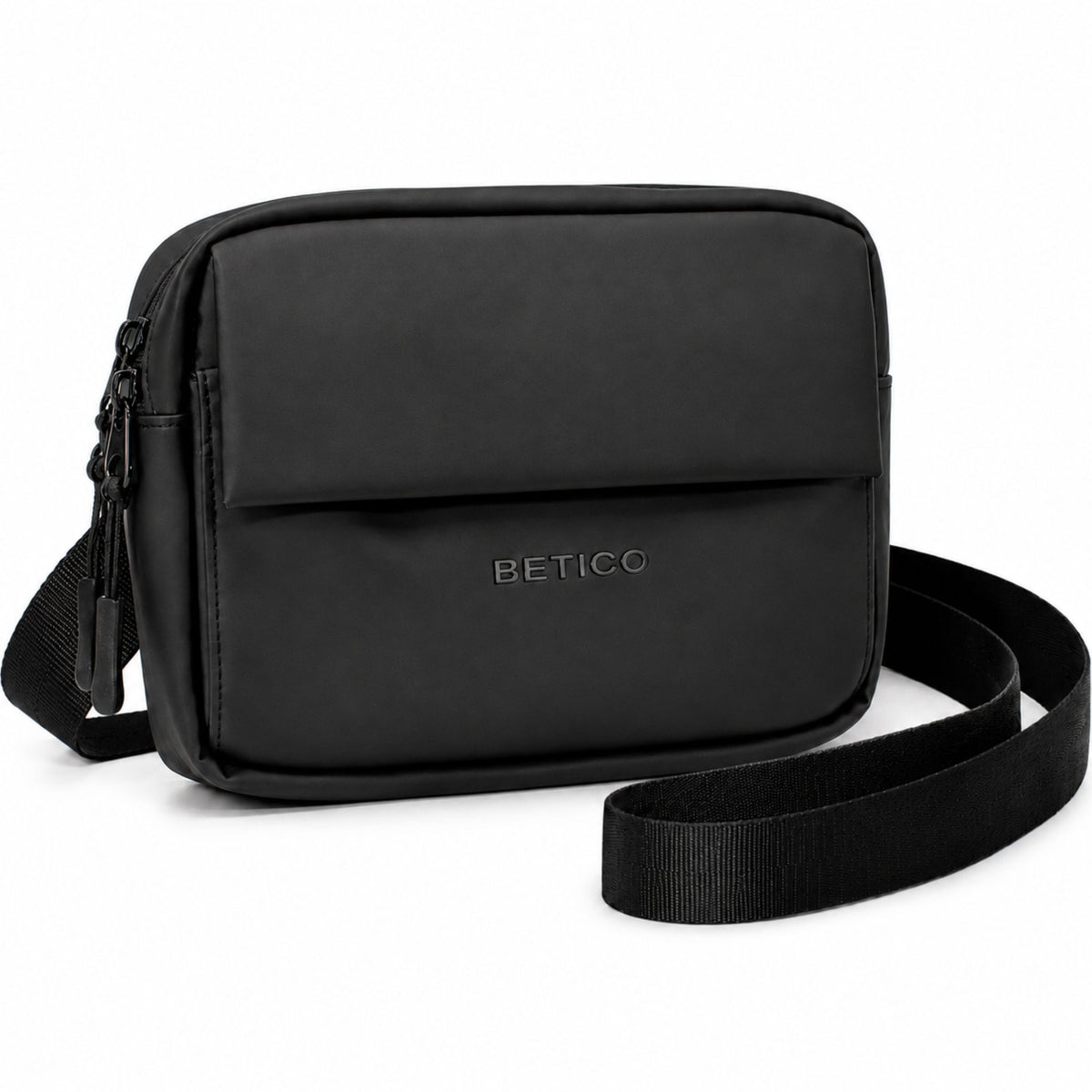 Black Betico Compact Crossbody Bag shown from an angled front view with adjustable strap, front flap pocket and clean everyday carry design