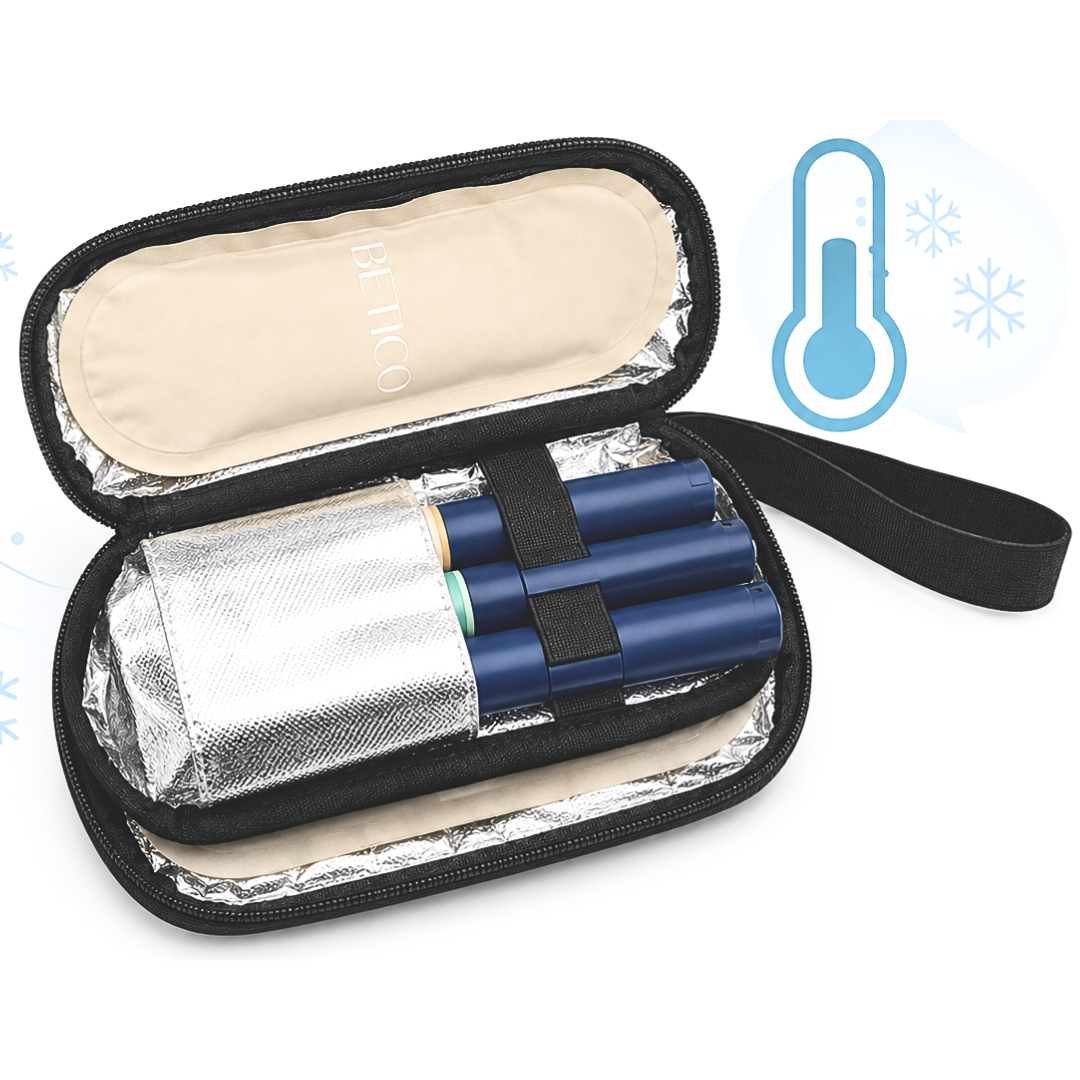 Reusable Betico gel ice pack fitted inside insulated travel pouch with organised storage for insulin pens, cooling accessories and temperature-conscious daily carry