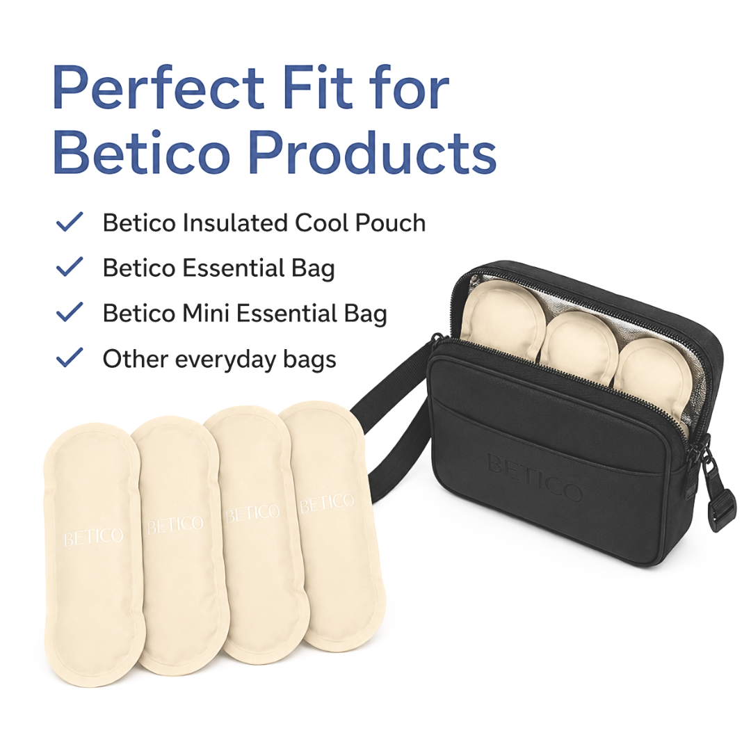 Betico reusable cool packs designed for use with insulated cool pouches, crossbody organiser bags, diabetes accessories and everyday travel essentials