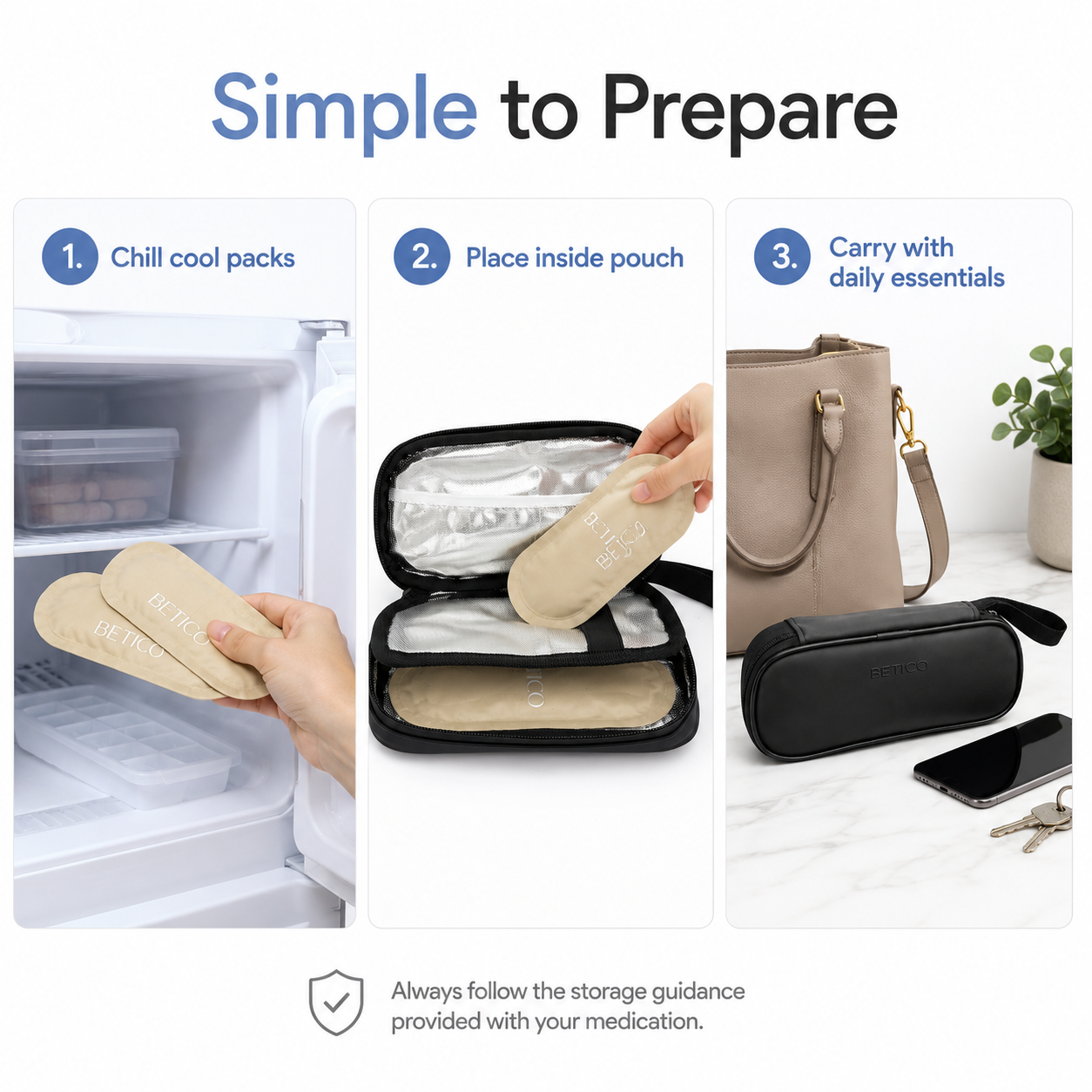 How to prepare the Betico insulated cool pouch with reusable cool packs for organised medication and wellness travel routines
