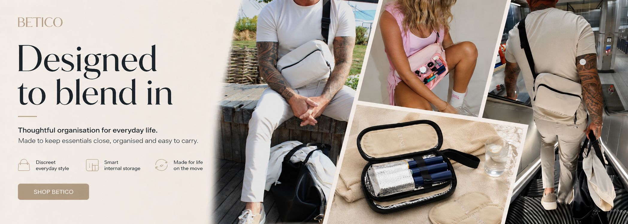 Betico homepage banner showing discreet organiser bags and insulated carry solutions designed for everyday travel, diabetes accessories, wellness essentials and life on the move
