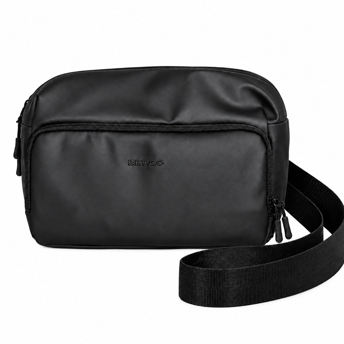 Front view of the black Betico Essential Bag crossbody organiser with adjustable strap, front pocket and zip closures on a white background