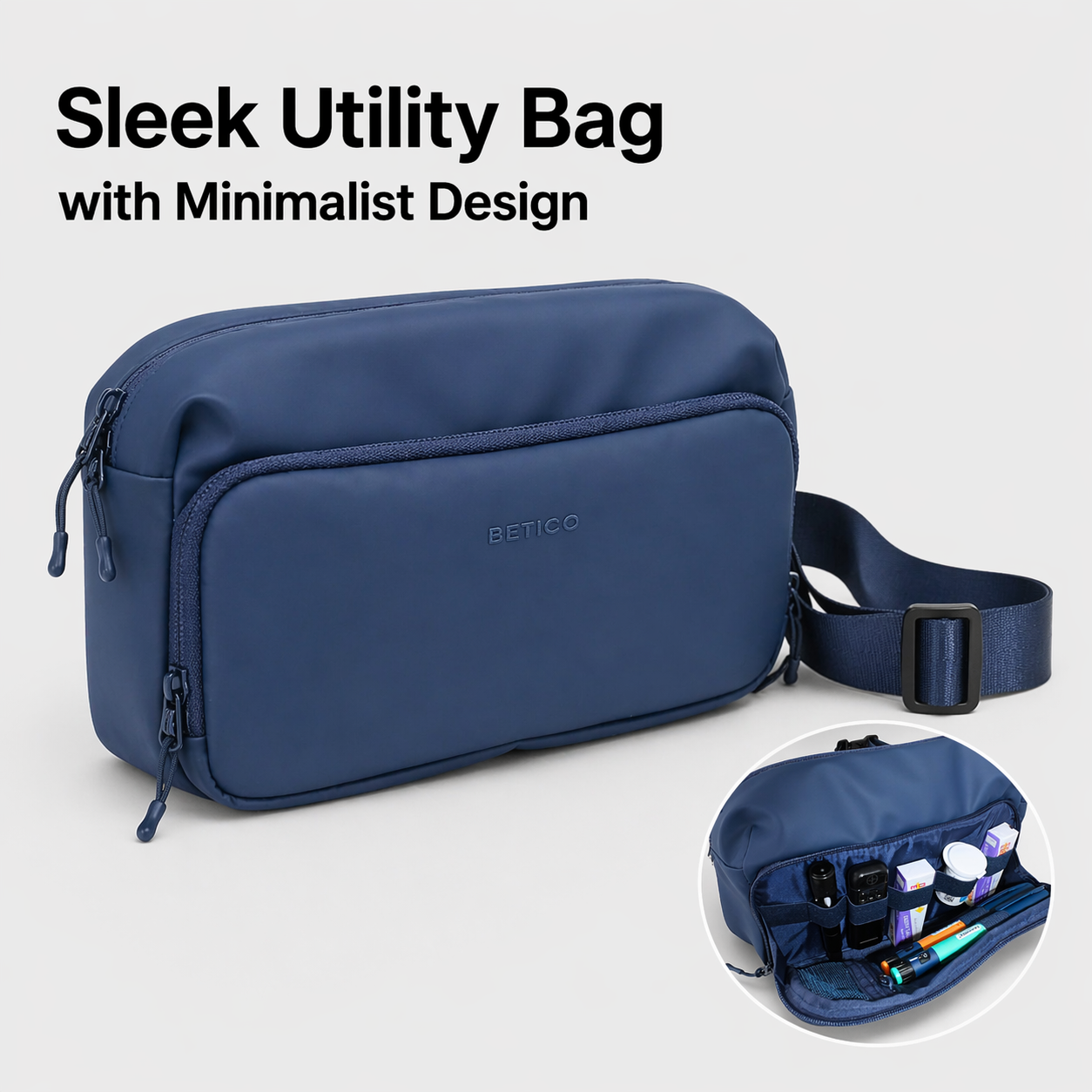 Blue Betico utility organiser bag with spacious compartments and minimalist design for daily accessories and travel essentials