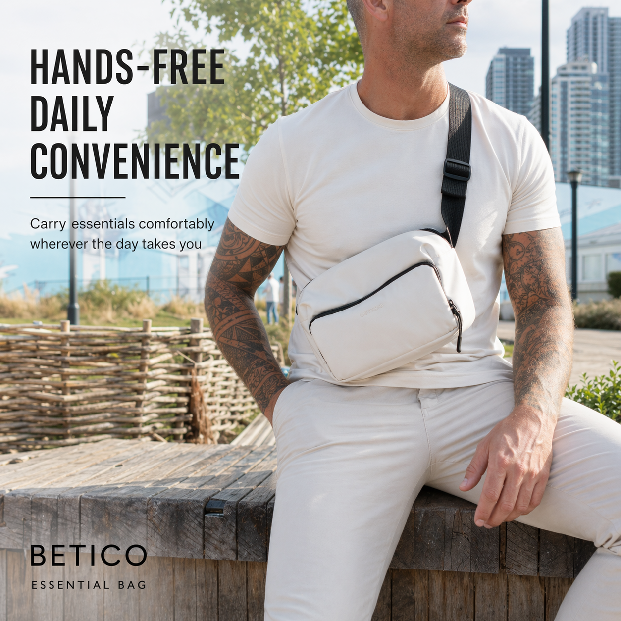 Man wearing cream and black Betico crossbody bag designed for hands-free organisation and temperature-conscious daily essentials