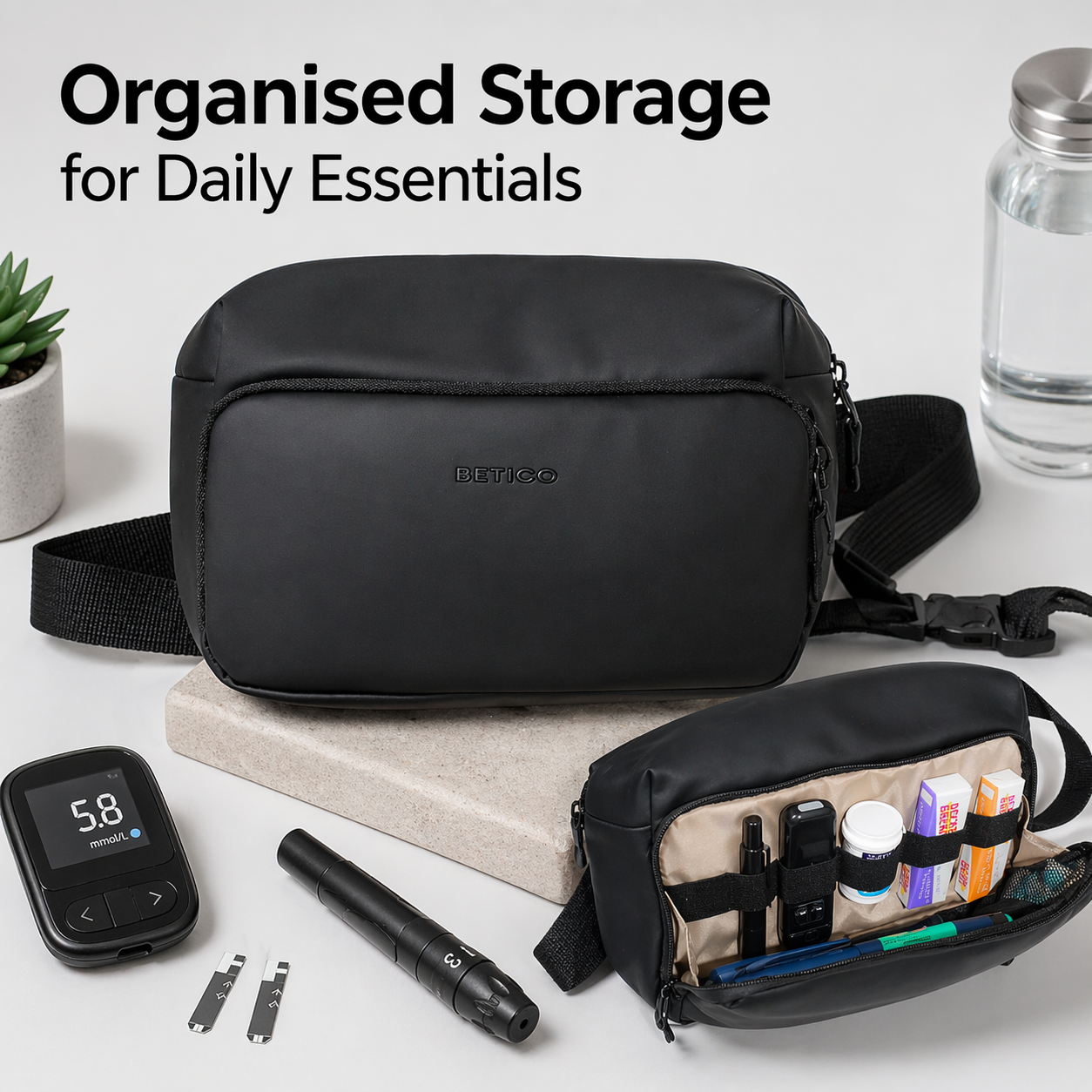 Betico Essential Bag with organised compartments for diabetes accessories, wellness essentials and everyday travel items