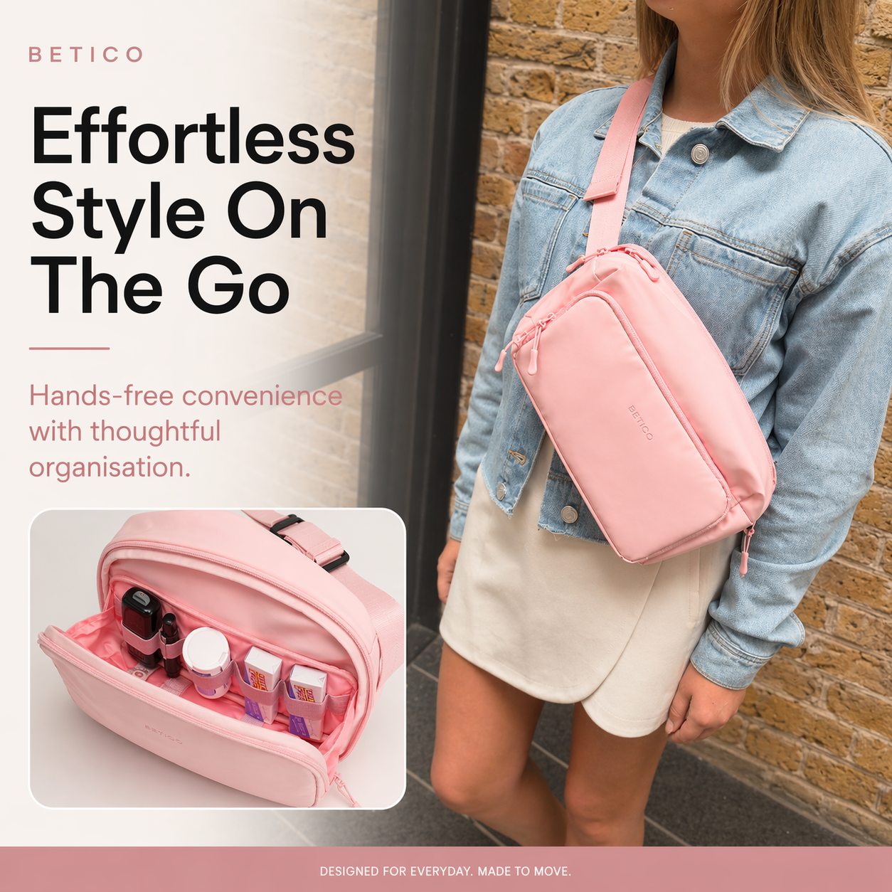 Woman wearing pink Betico Essential crossbody bag designed for stylish everyday organisation and hands-free travel convenience
