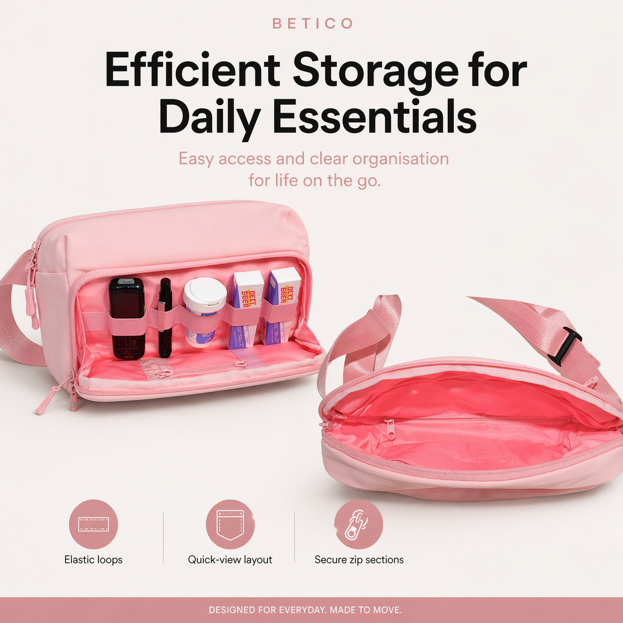 Pink Betico Essential Bag with organised compartments and elastic loops for diabetes accessories, travel essentials and wellness items