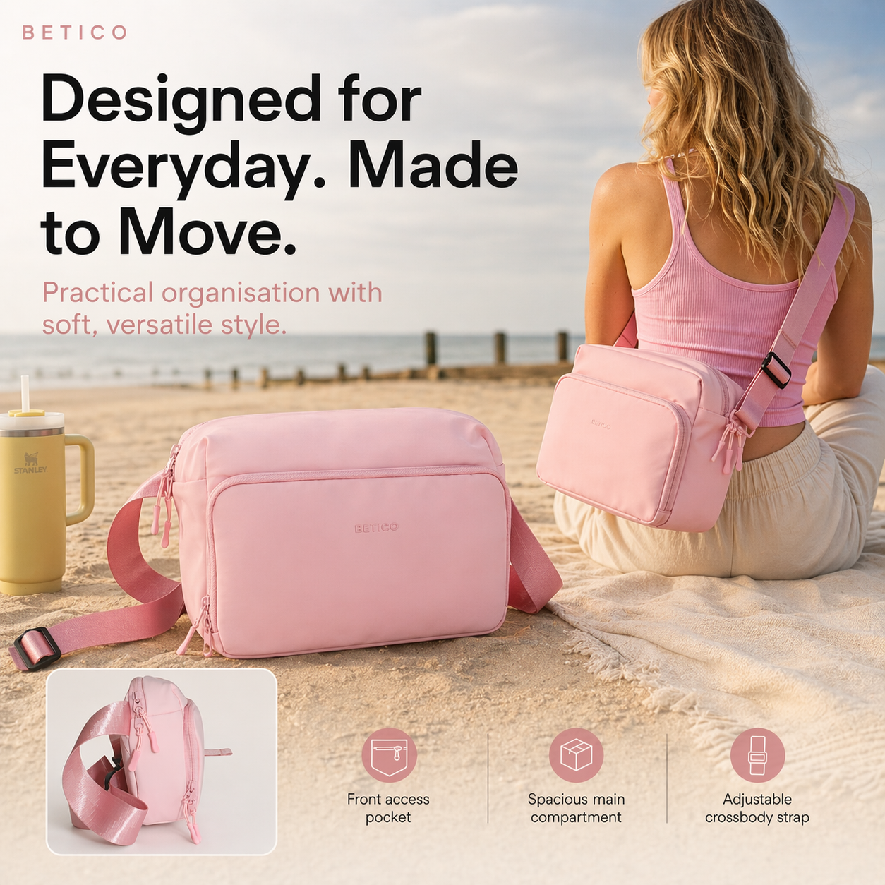 Woman sitting on a beach with a pink bag, promotional text about practical organization and soft, versatile style.