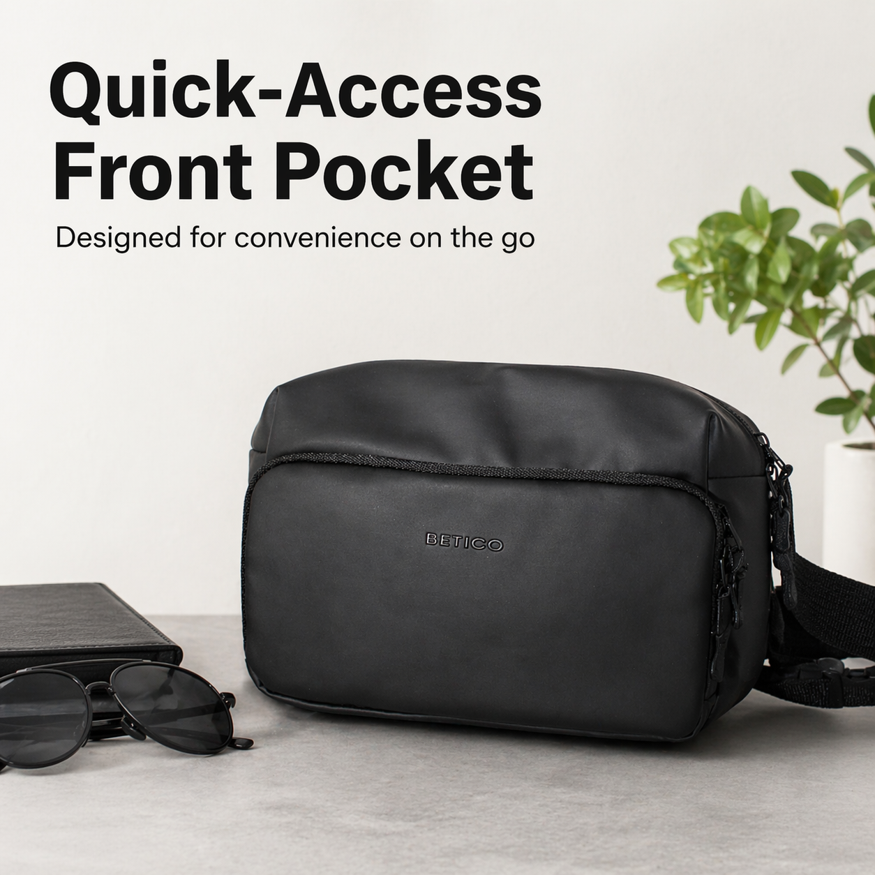Black Betico organiser bag with quick-access front pocket for travel essentials, medication accessories and everyday storage