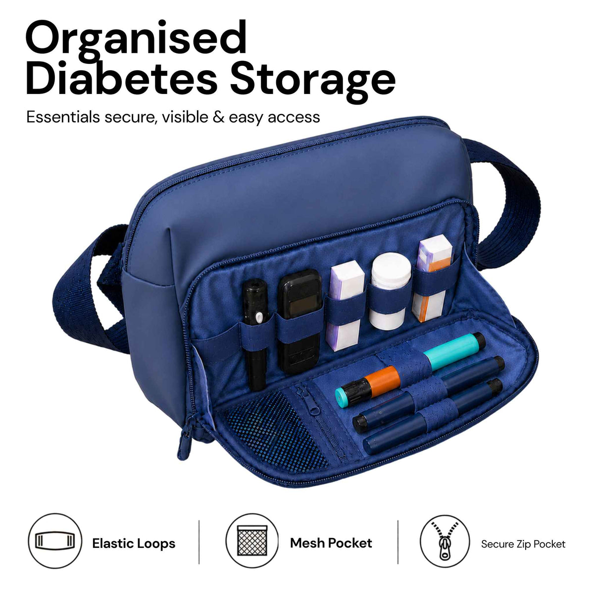 Blue Betico Essential Diabetes Bag with the front organiser open, highlighting elastic loops, a mesh pocket and a secure zip pocket for diabetes supplies.