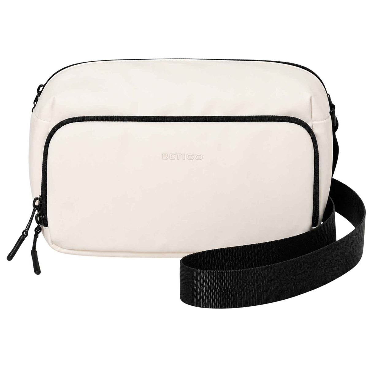 Cream and black Betico Essential Diabetes Bag shown from the front with its adjustable black crossbody strap.
