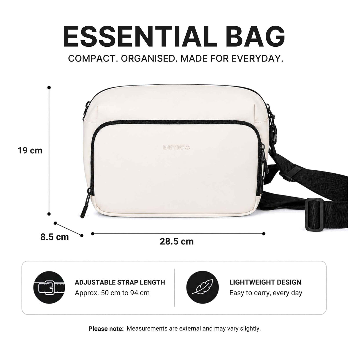 Cream and black Betico Essential Diabetes Bag dimensions: 28.5 cm wide, 19 cm high and 8.5 cm deep, with an adjustable 50–94 cm crossbody strap.