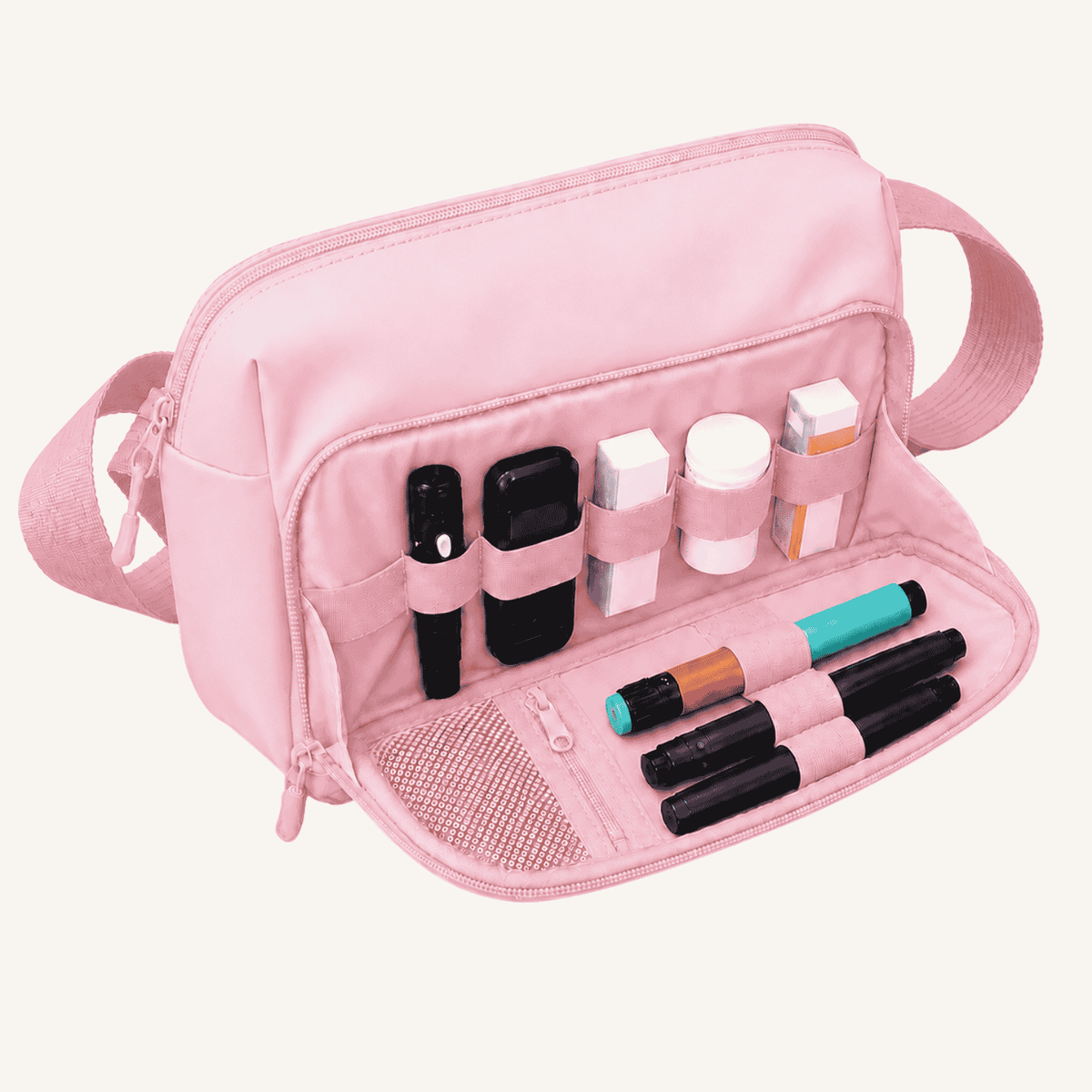 Betico Essential Diabetes Bag in Pink with front organiser open showing elasticated loops, mesh pocket and zip storage
