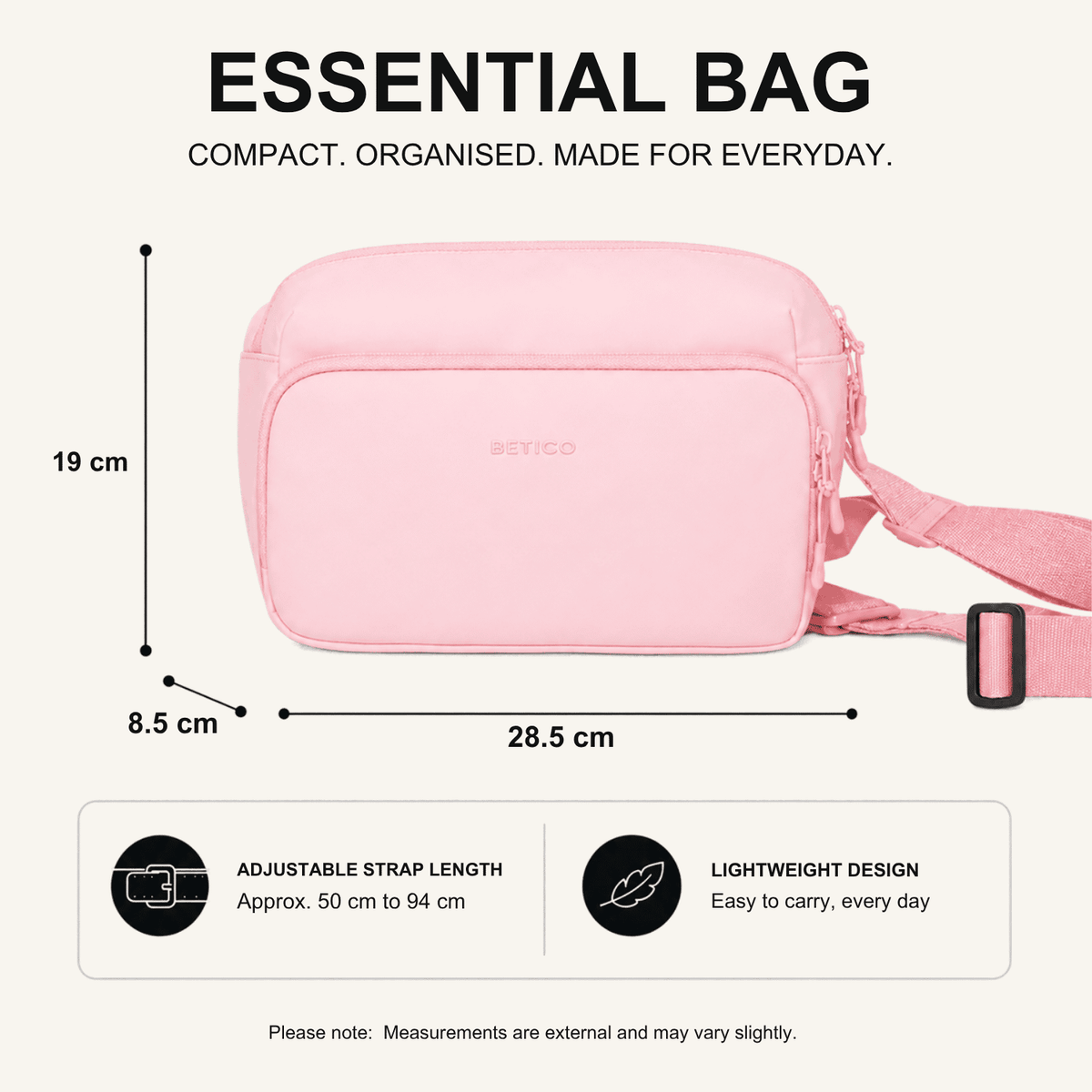 Betico Essential Diabetes Bag in Pink dimensions: 28.5 × 19 × 8.5 cm with adjustable 50–94 cm crossbody strap