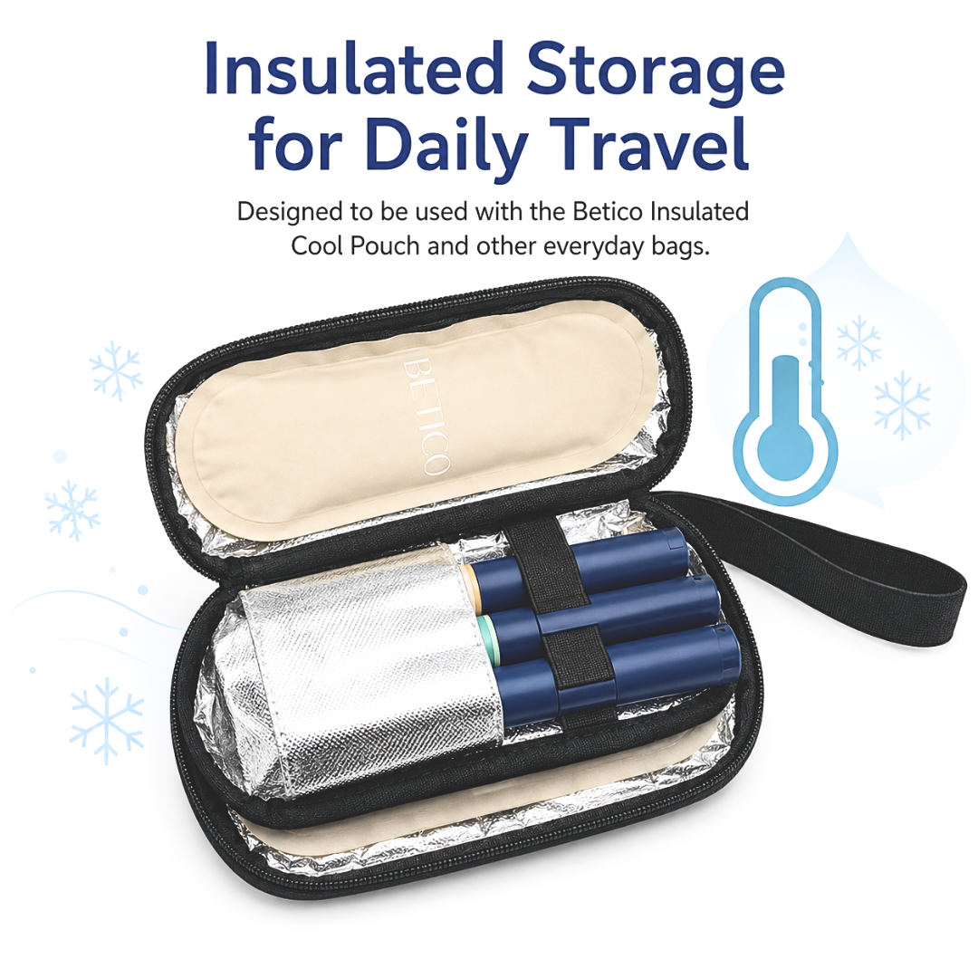 Betico reusable gel ice pack inside insulated cooling pouch for insulin pens, injectable medication travel, wellness accessories and organised temperature-conscious storage