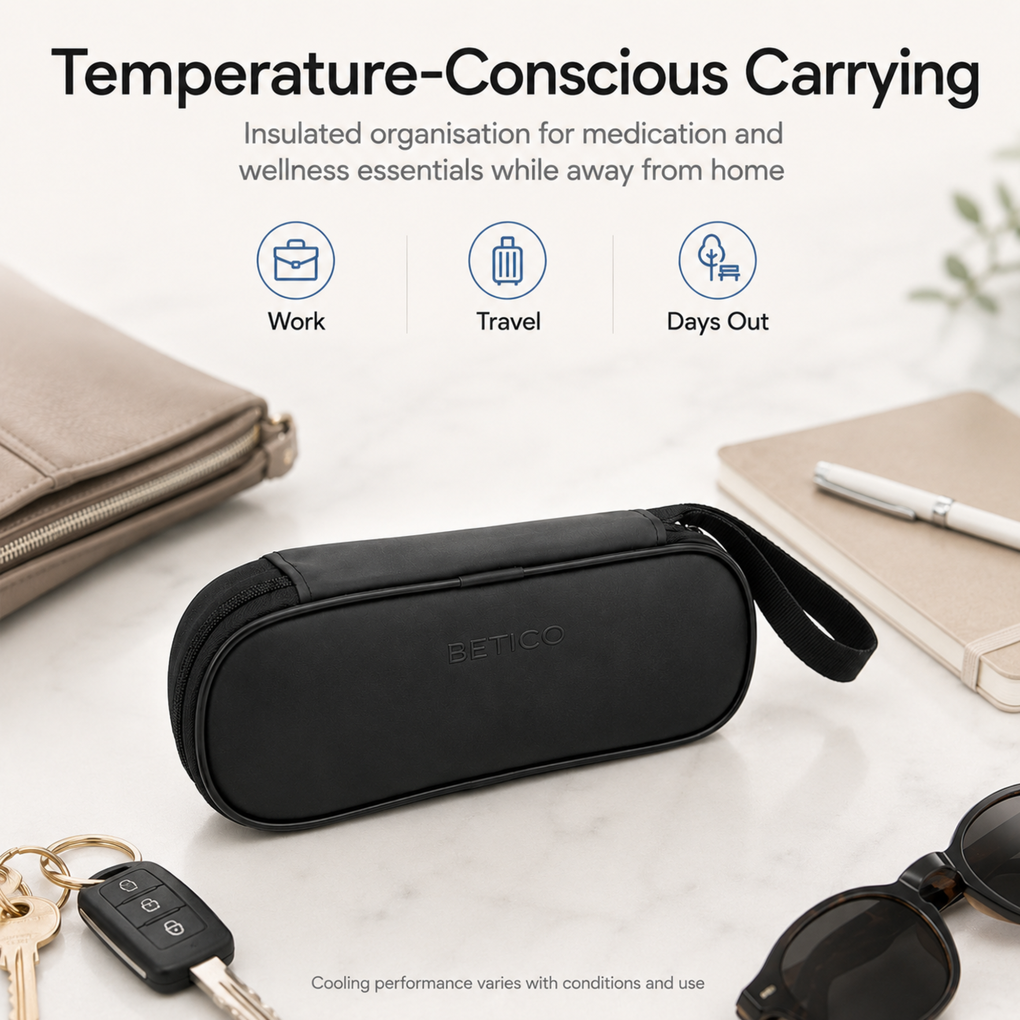 Black Betico Cooler Travel Case in a lifestyle setup for temperature-conscious medication and wellness organisation at work, while travelling and on days out