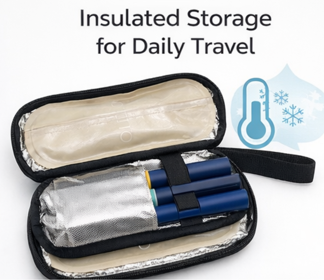 Betico insulated travel pouch with cool packs and organised interior for insulin pens, injectable medication and temperature-conscious daily essentials