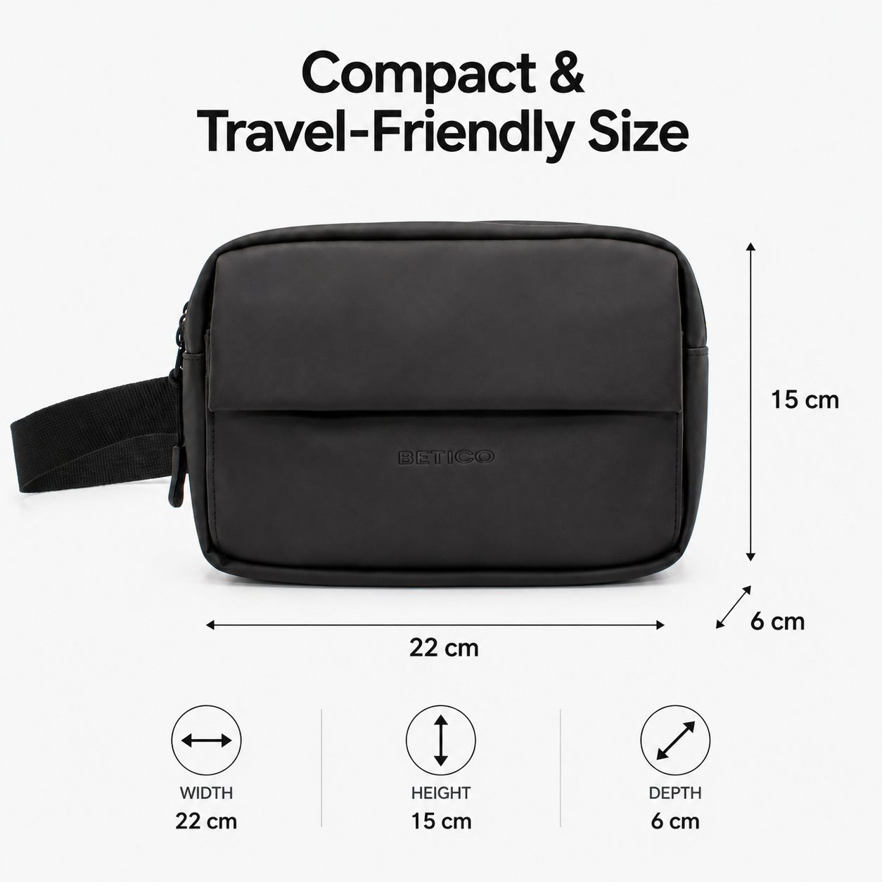 Betico Mini Essential Bag dimensions showing compact 22 cm by 15 cm crossbody organiser bag for insulin pens and everyday essentials