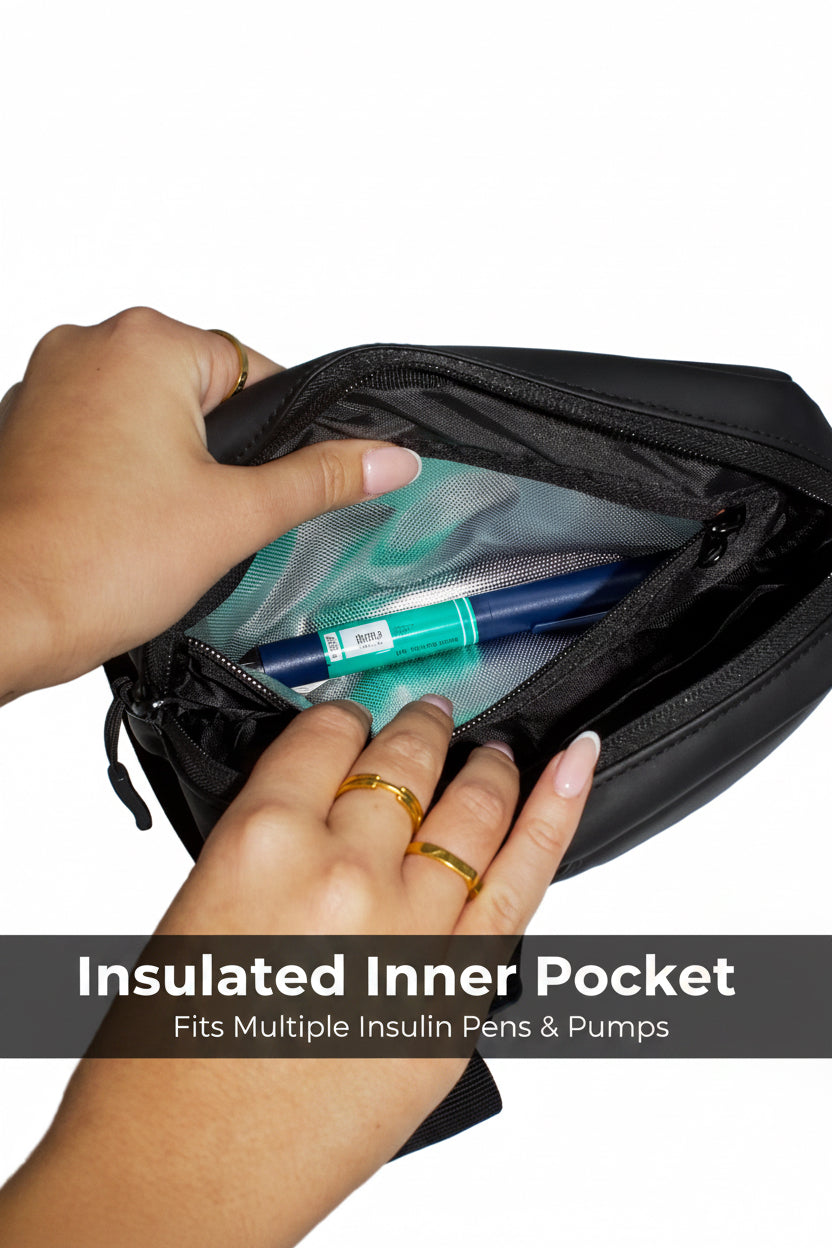 Close-up inside the Betico Mini Essential Bag showing foil-lined insulated pocket for insulin pens and cooling accessories