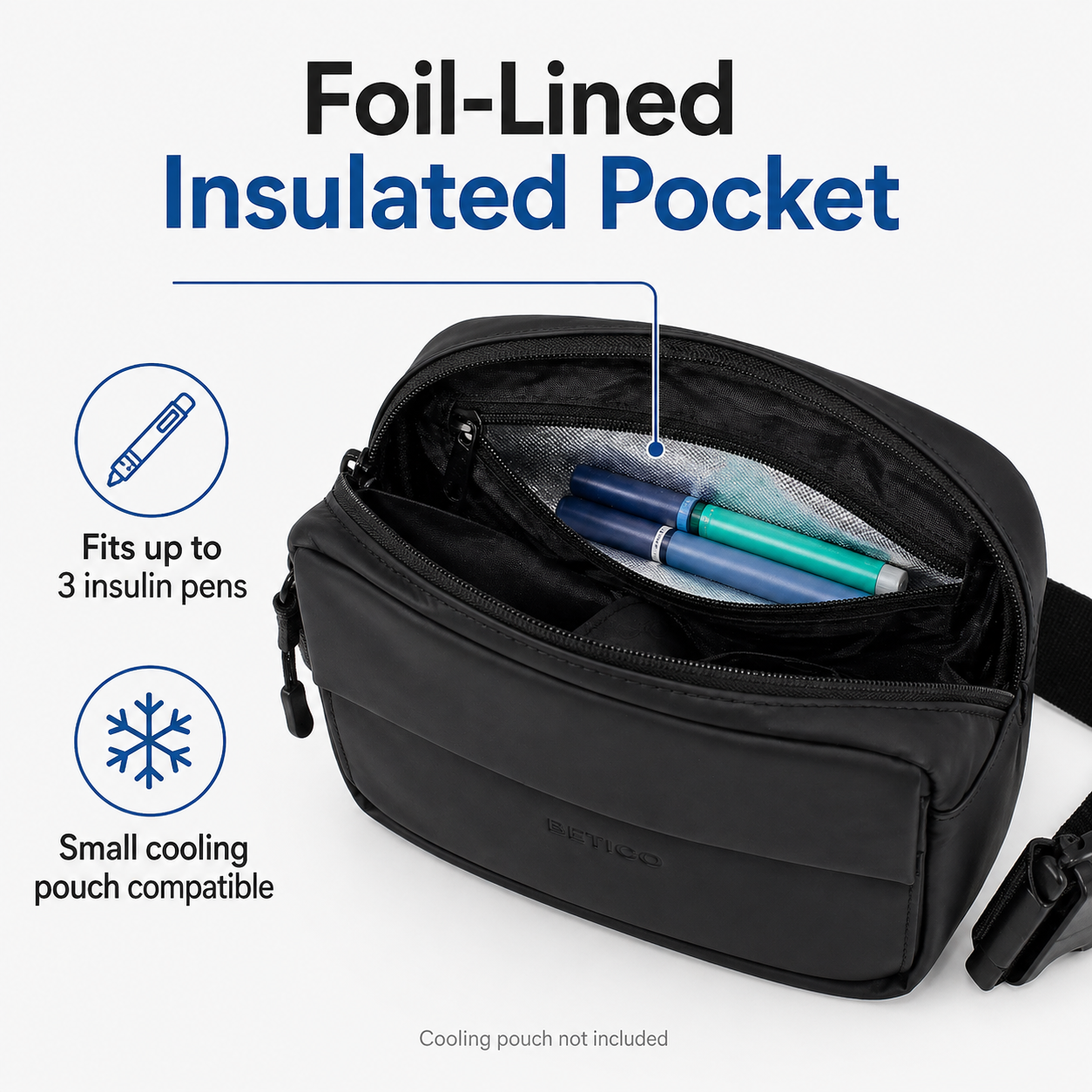 Betico Mini Essential Bag showing foil-lined insulated pocket designed for insulin pens and cooling-conscious daily organisation
