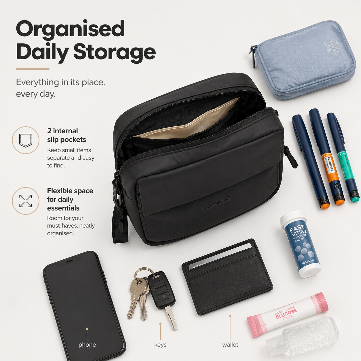 Betico Mini Essential Bag organised with insulin pens cooling pouch phone wallet keys and everyday essentials for daily storage