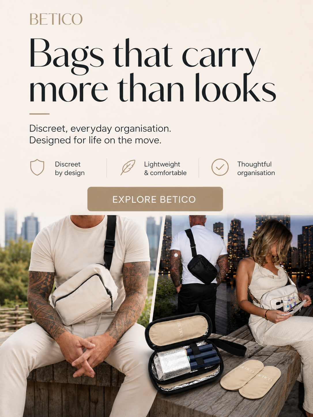 Mobile Betico homepage banner showing discreet crossbody organiser bags for everyday travel, diabetes accessories, wellness essentials and life on the move