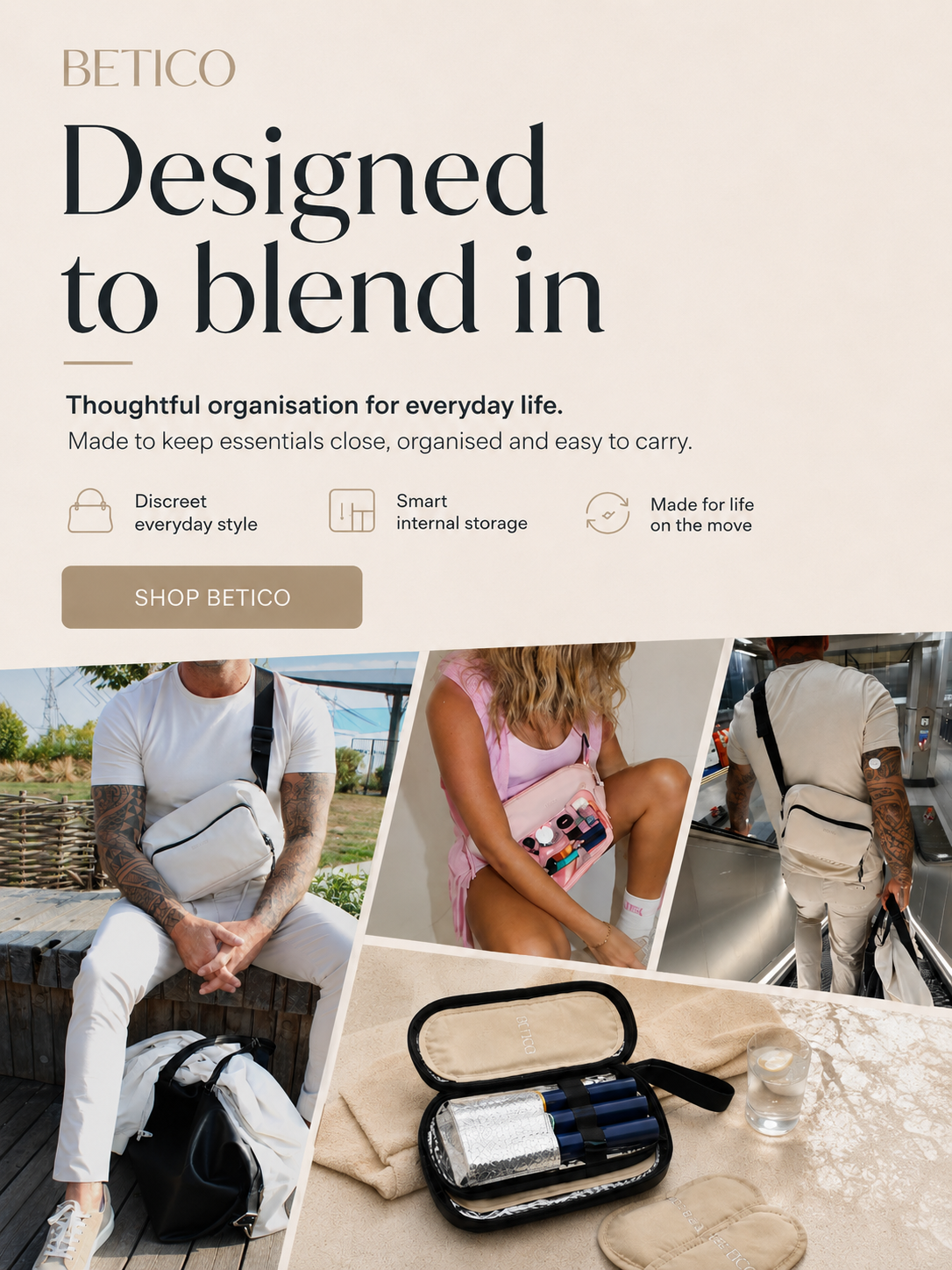 Mobile Betico homepage banner featuring discreet organiser bags and insulated carry solutions designed for everyday travel, diabetes accessories, wellness essentials and life on the move