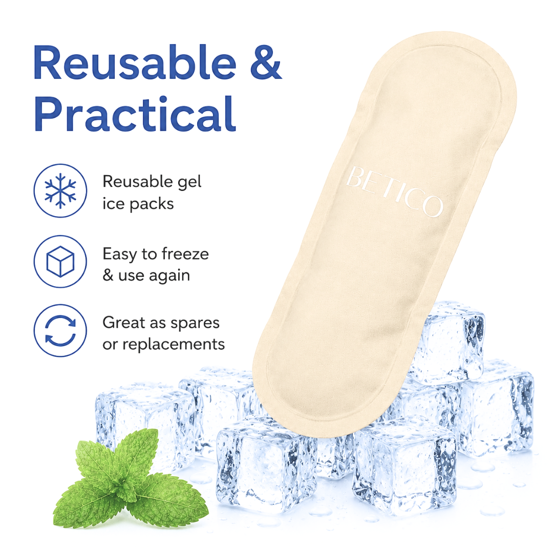 Reusable Betico gel ice pack designed for insulated travel pouches, medication cooling accessories, wellness travel storage and convenient everyday temperature-conscious carrying