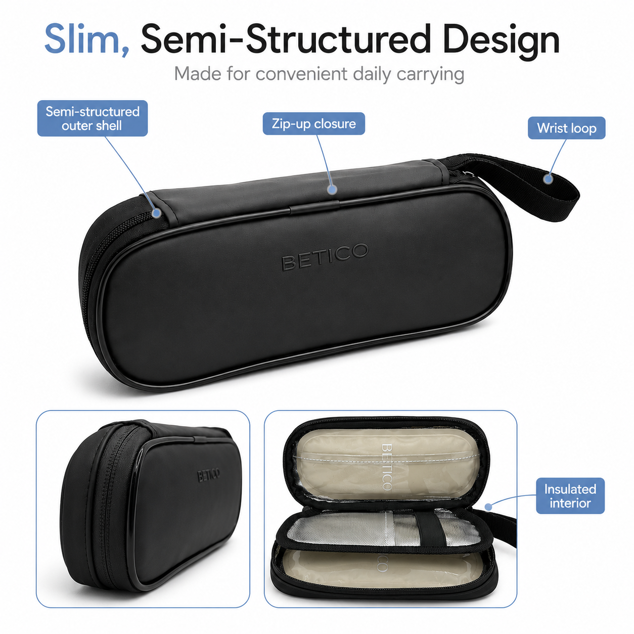 Slim semi-structured Betico cool pouch with insulated interior, zip-up closure and compact travel-friendly design