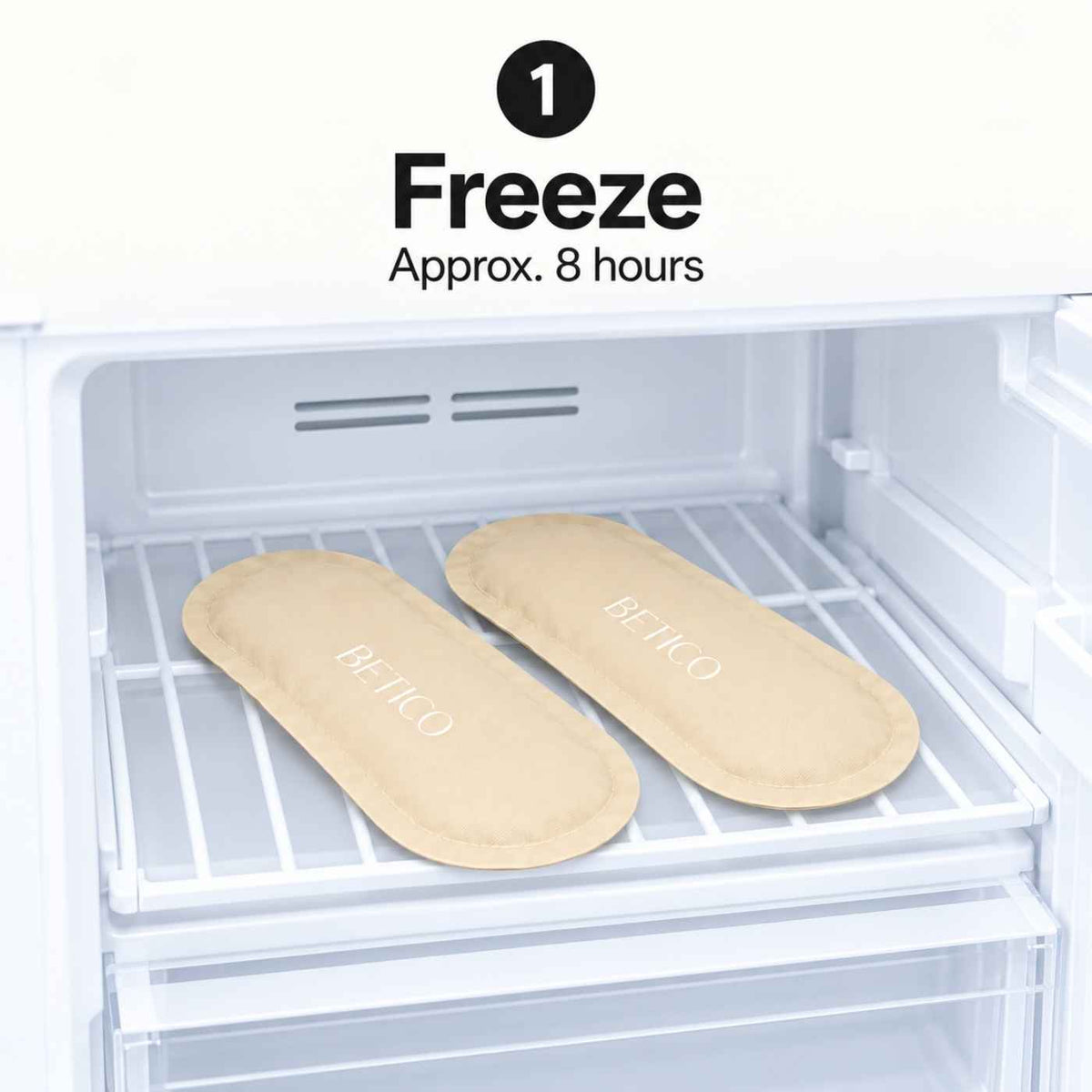 Two Betico reusable gel ice packs in a freezer, illustrating the freeze step before use.