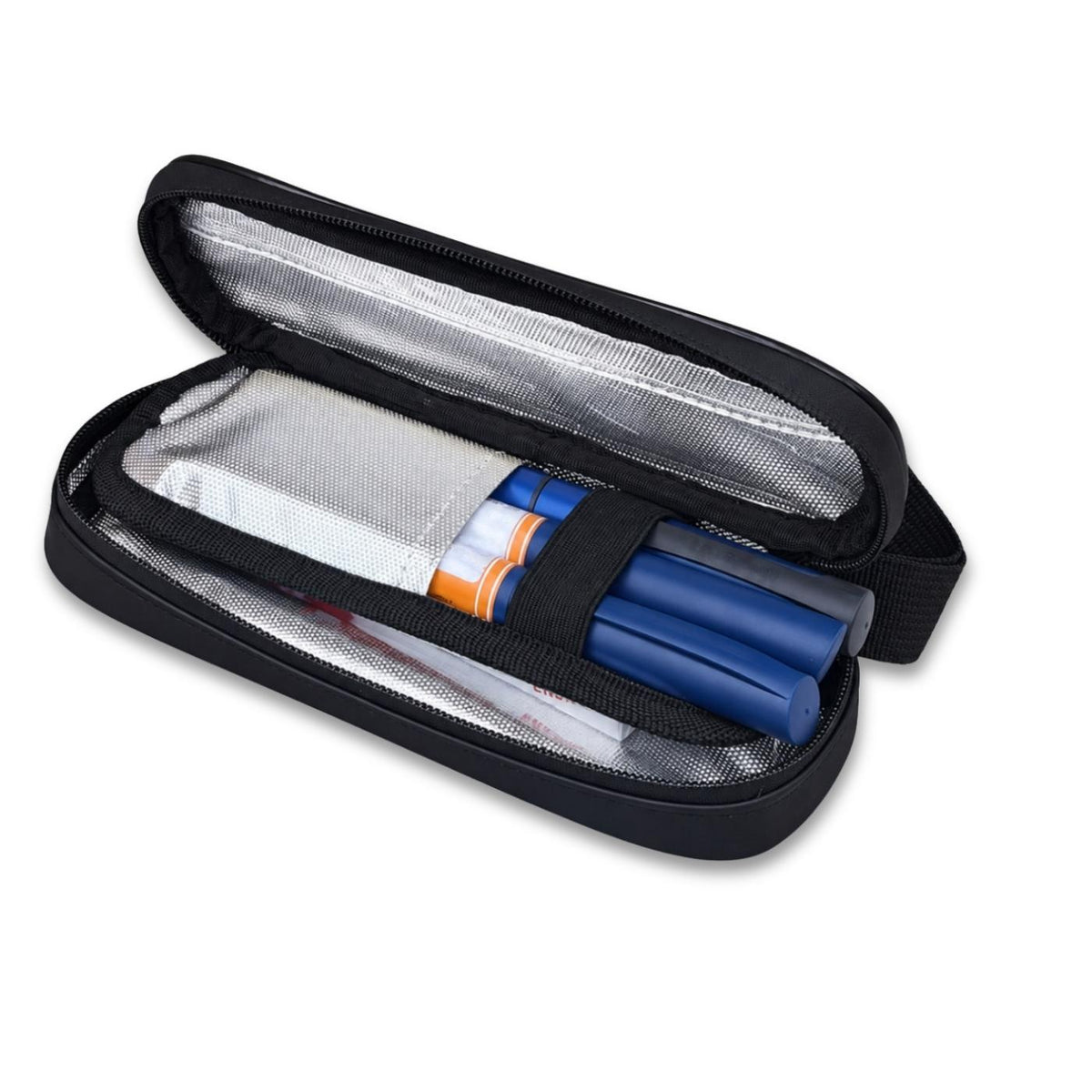 Open Betico insulated Cooler Travel Case, medication organiser, with elasticated storage, holding insulin pens in place.