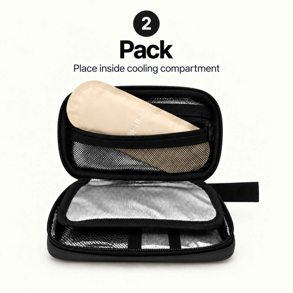 Betico reusable gel ice pack placed inside the open Betico Cooler Travel Case cooling compartment
