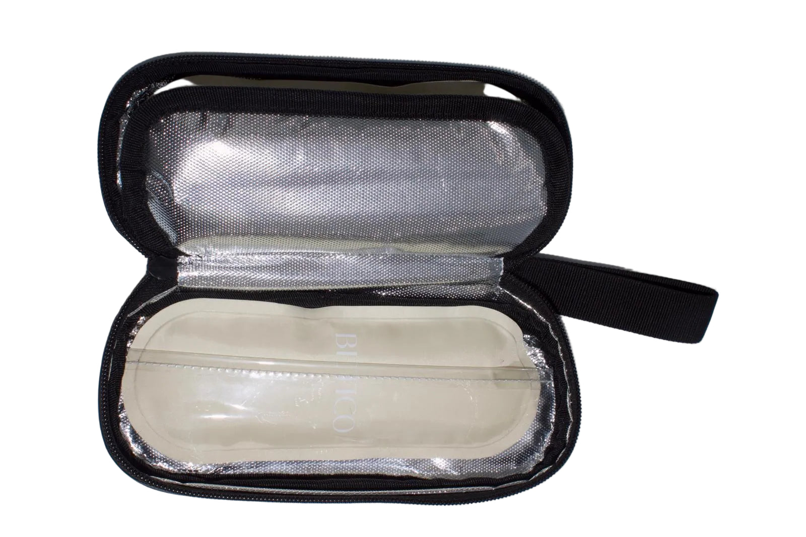 Inside view of the Betico insulated cool pouch showing foil-lined interior and organised storage compartments for cool packs and daily essentials
