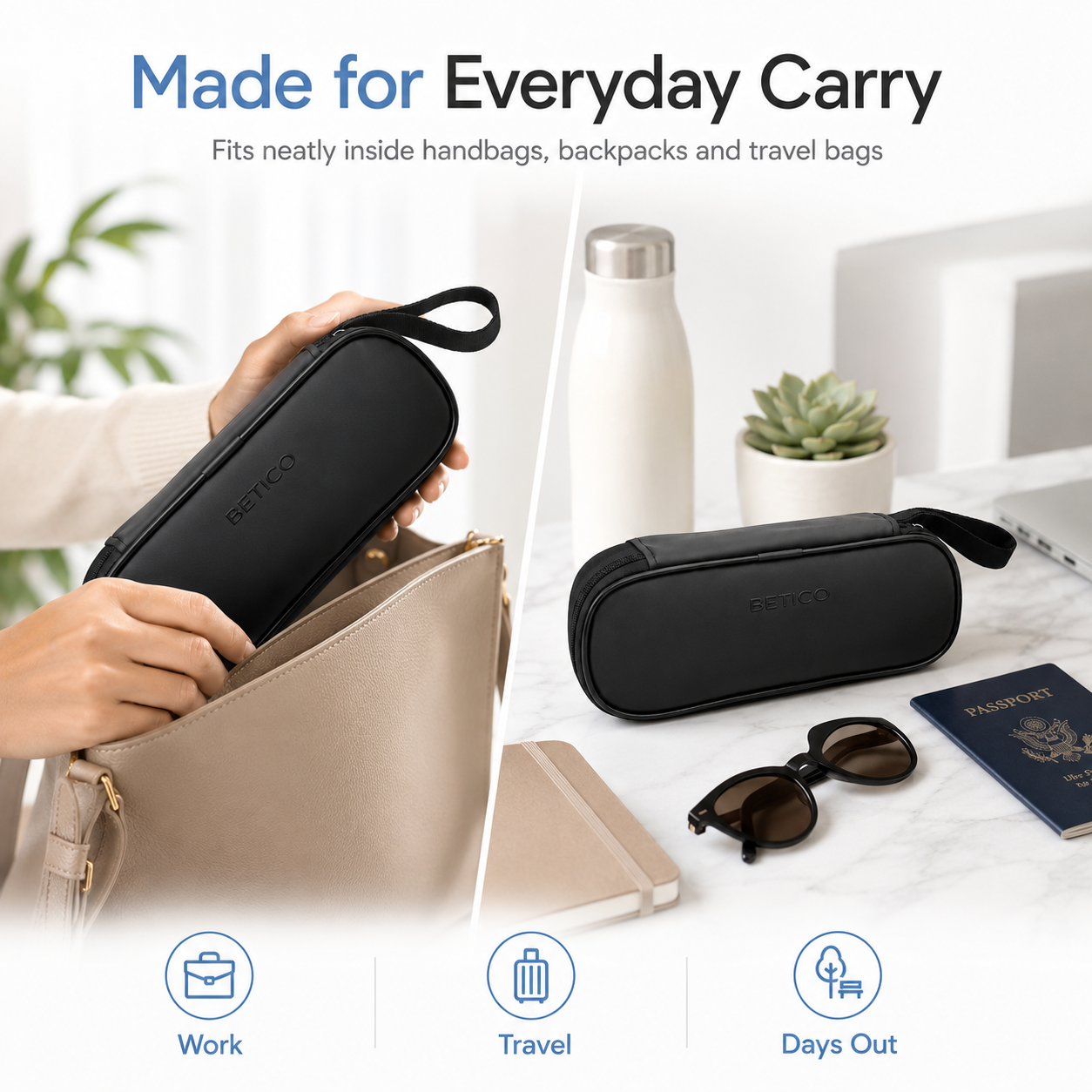 Compact Betico insulated cool pouch designed to fit neatly inside handbags, backpacks and travel bags for everyday carry
