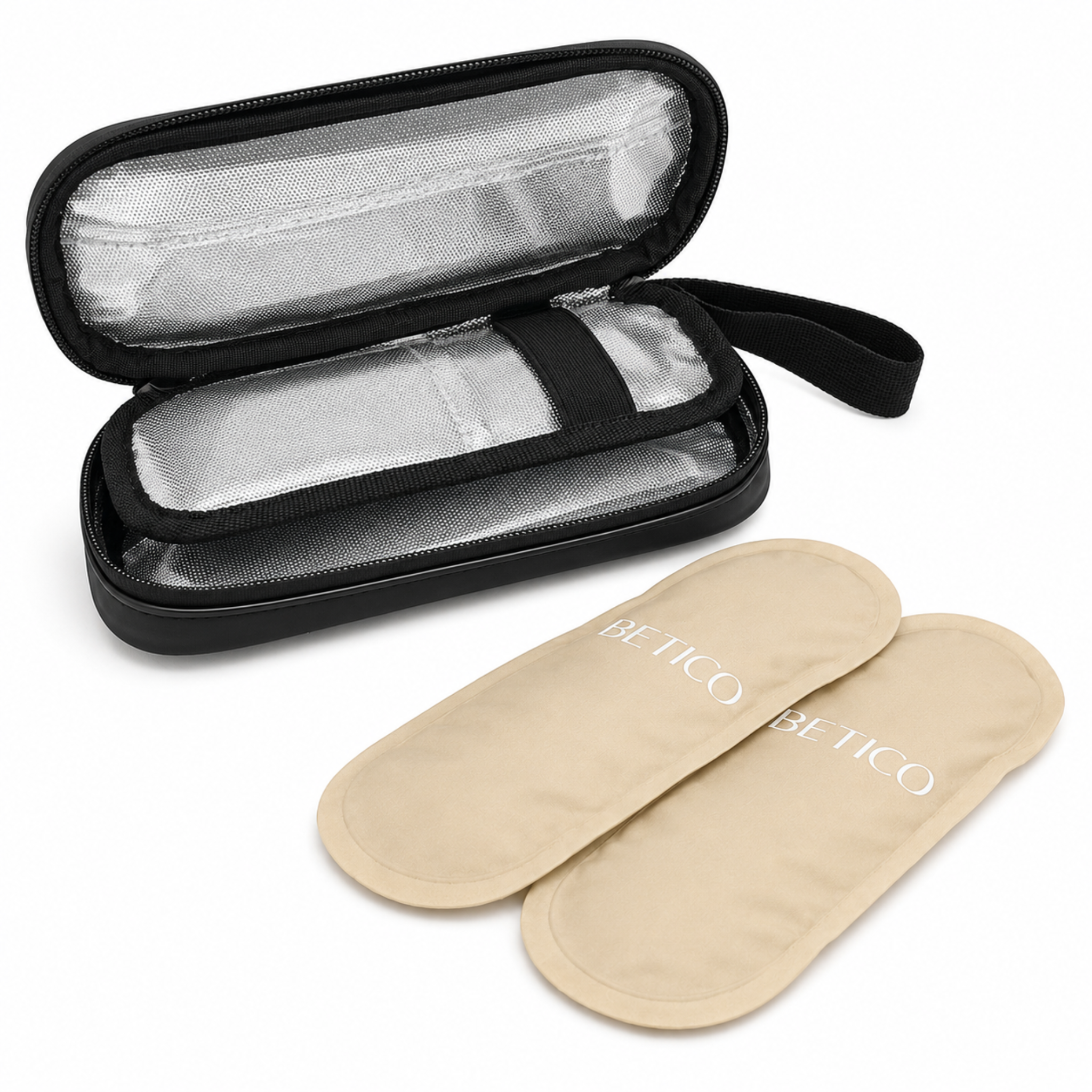 Open black Betico Cooler Travel Case with foil-lined interior, centre divider and two reusable gel cool packs on a white background
