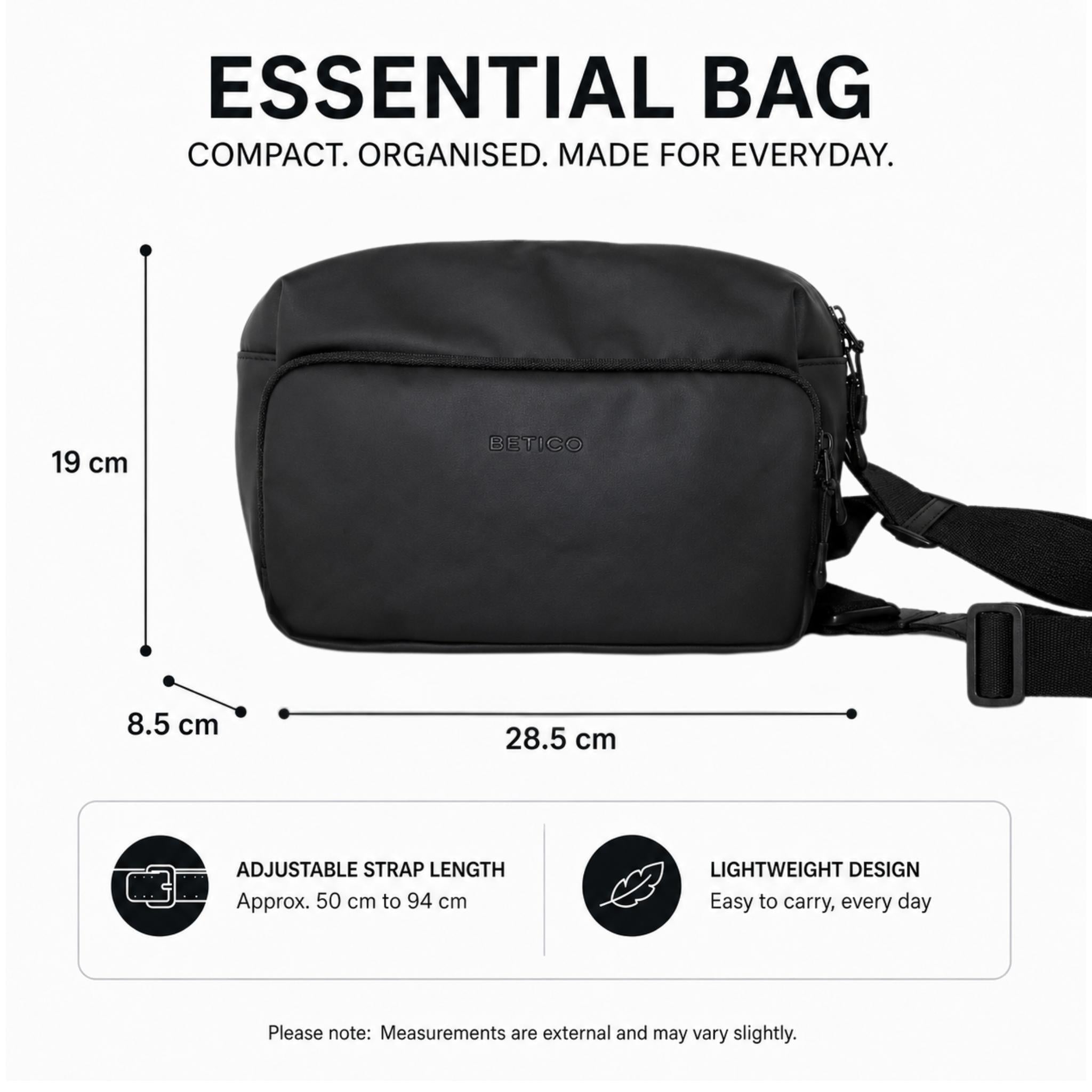 Black Betico Essential Bag dimensions showing 28.5 × 19 × 8.5 cm external size and adjustable 50–94 cm strap