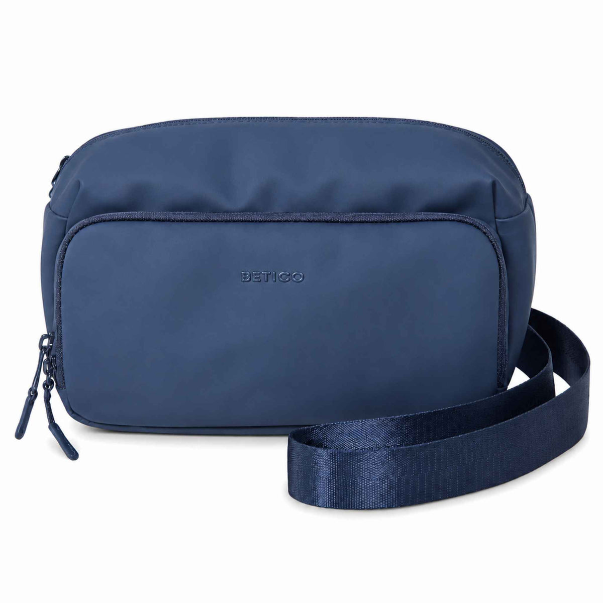 Blue Betico Essential Bag crossbody organiser shown from the front with adjustable strap, front storage pocket, zip closures and clean everyday carry design