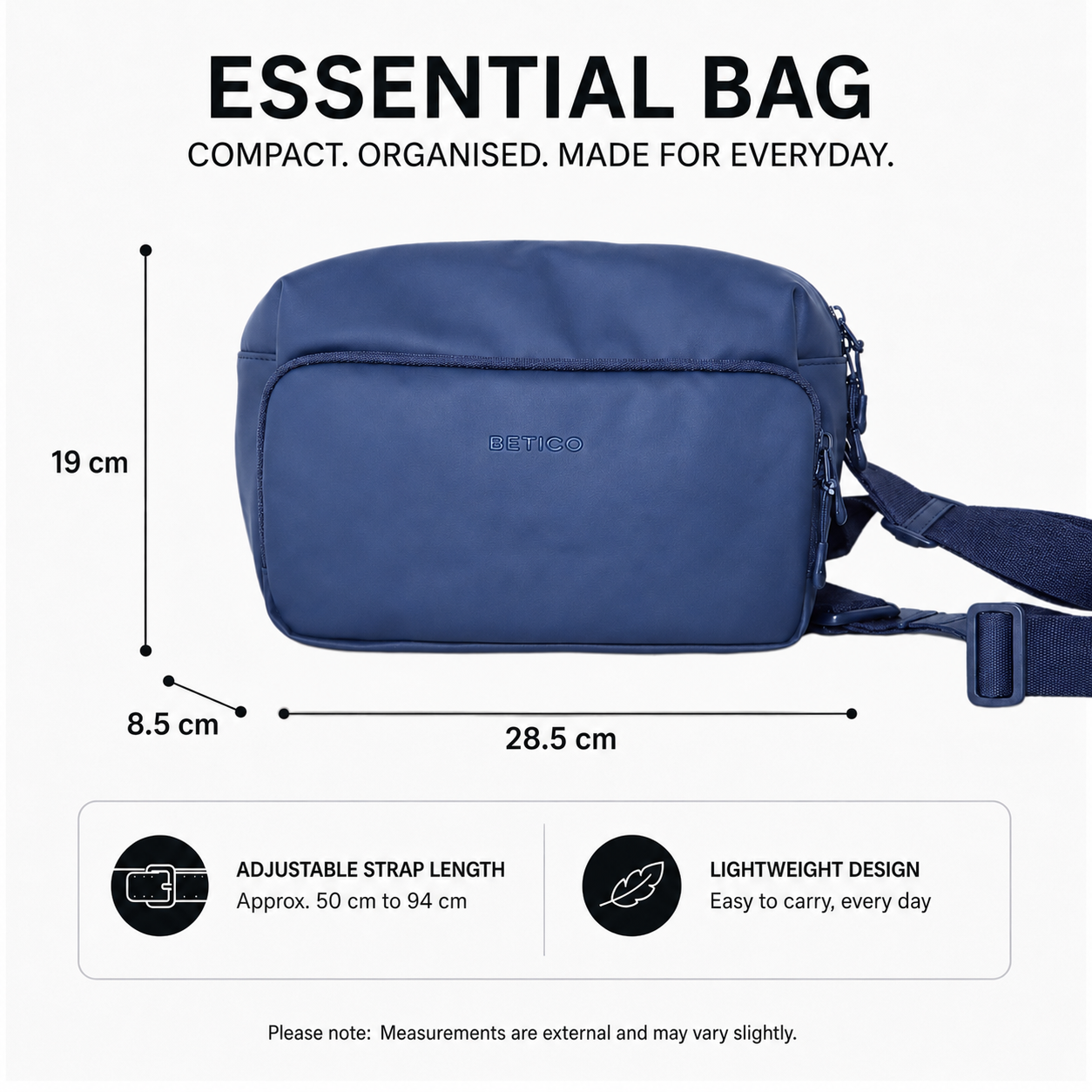Dimension graphic of the Betico Essential Bag in blue showing 28.5 cm width, 19 cm height, 8.5 cm depth and an adjustable strap length of approximately 50 cm to 94 cm