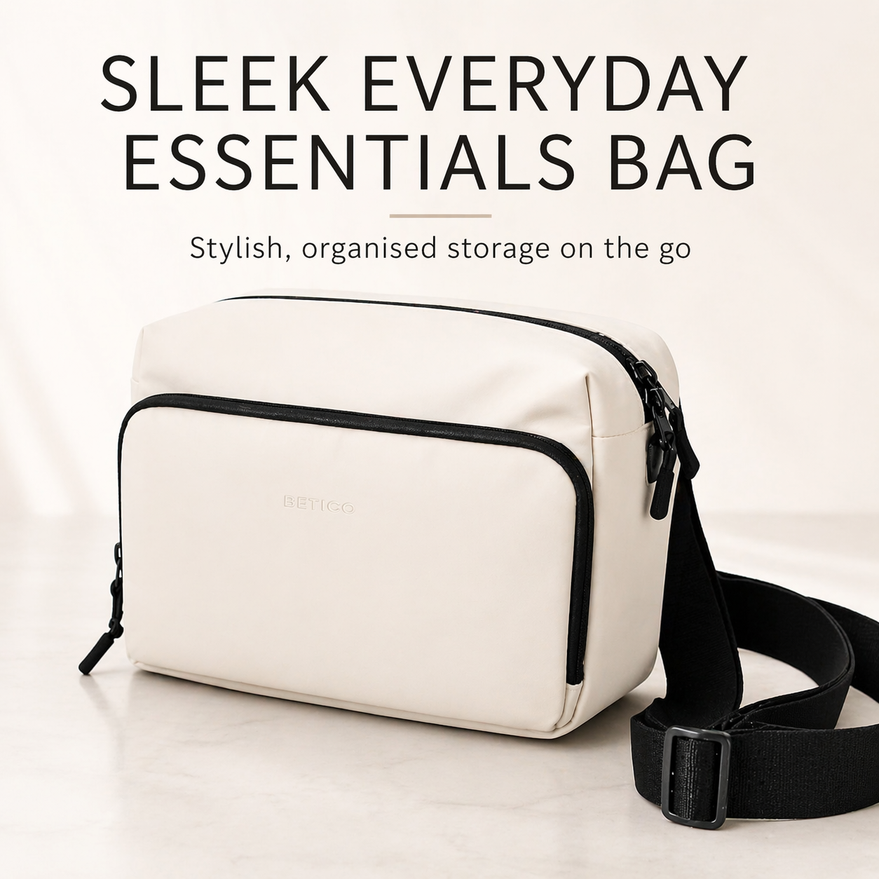 Cream and black Betico Essential Bag with sleek minimalist design for organised daily carrying and travel convenience