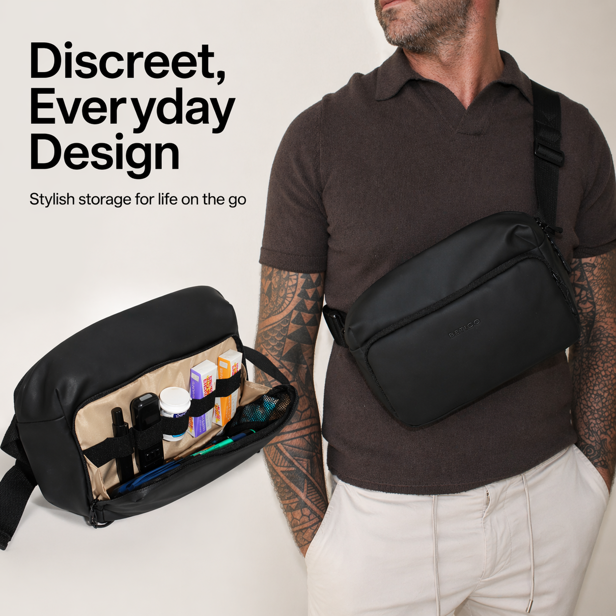 Man wearing black Betico Essential crossbody bag designed for discreet everyday organisation and temperature-conscious carrying
