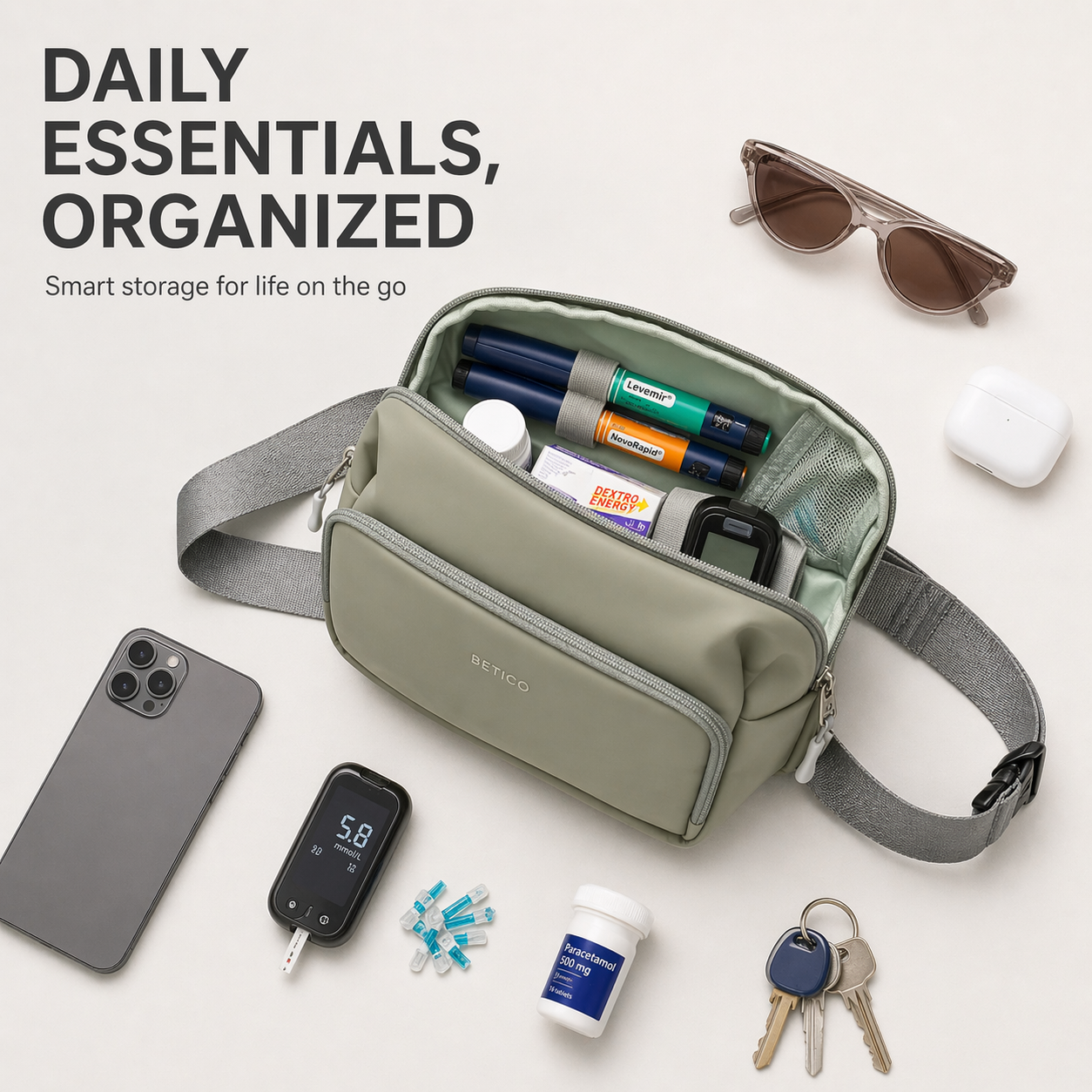 Green Betico organiser bag with spacious storage for daily essentials, wellness accessories and practical everyday carry