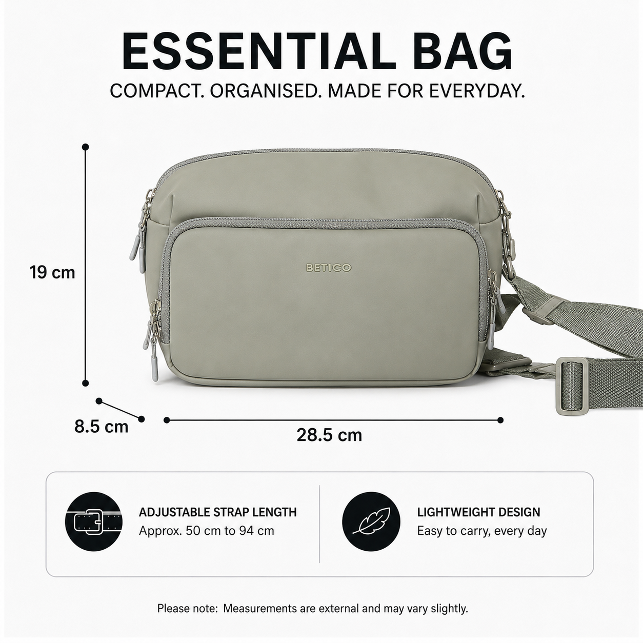 Dimension graphic of the Betico Essential Bag in green showing 28.5 cm width, 19 cm height, 8.5 cm depth and an adjustable strap length of approximately 50 cm to 94 cm