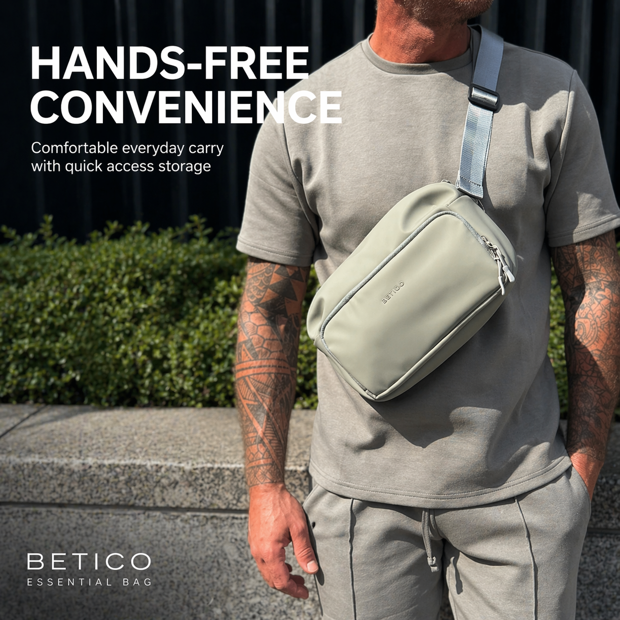 Man wearing green Betico Essential crossbody bag designed for comfortable hands-free everyday organisation and travel