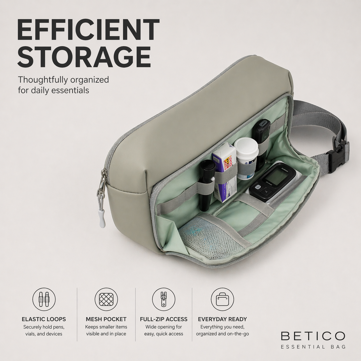Green Betico Essential Bag with organised interior compartments and elastic loops for everyday accessories and travel essentials