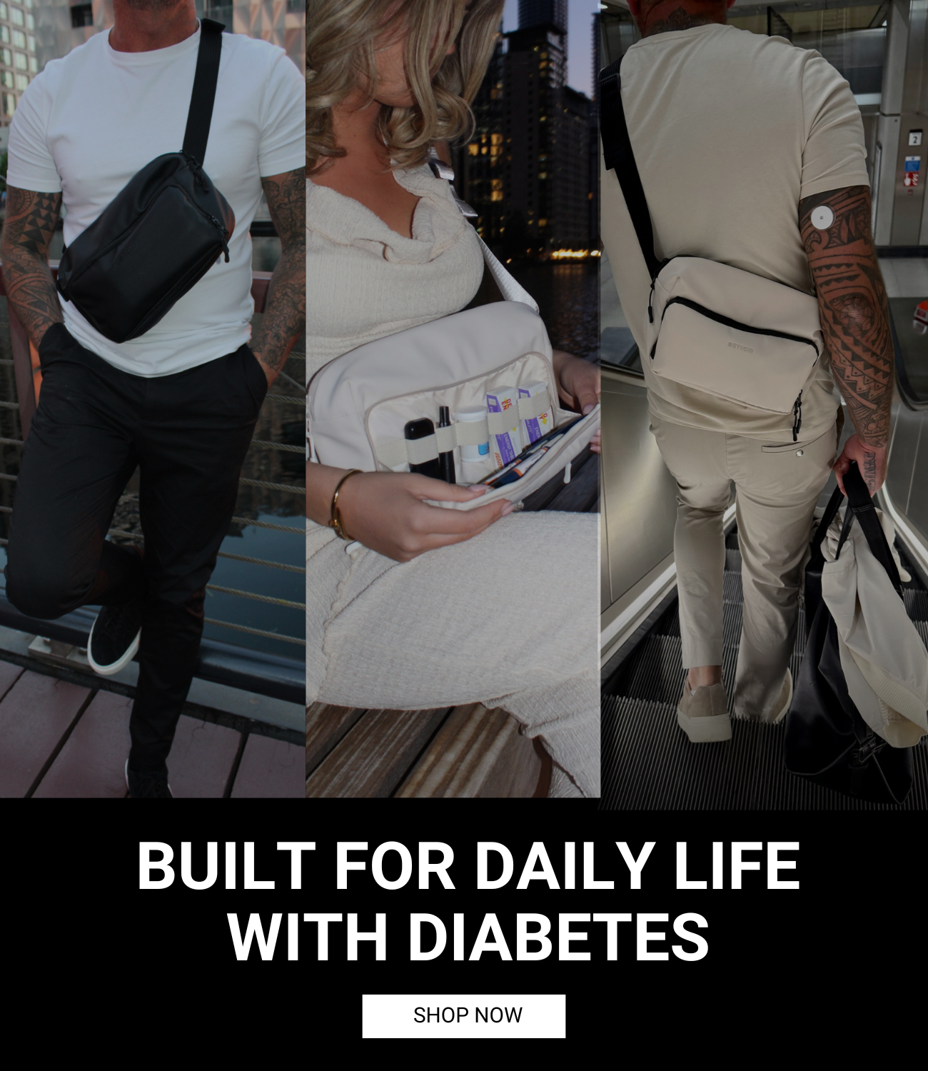 Lifestyle collage showing men and women using Betico Essential crossbody organiser bags for discreet daily diabetes organisation, travel carry and everyday essentials