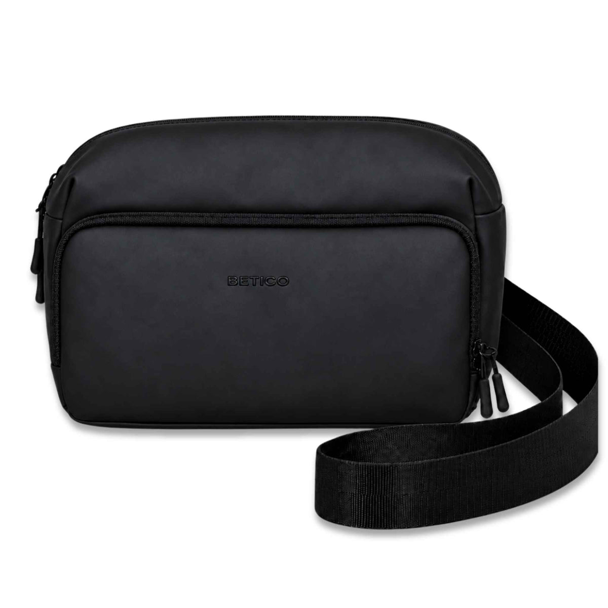 A black nylon crossbody bag with a matching black webbing strap, featuring a debossed 'BETICO' logo on the front, set against a plain white background.
