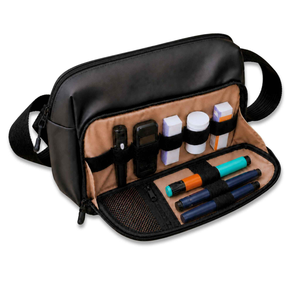 A black crossbody bag with an open front compartment, showing an interior diabetics medication organiser filled with pens, small containers, and accessories, photographed on a white background.