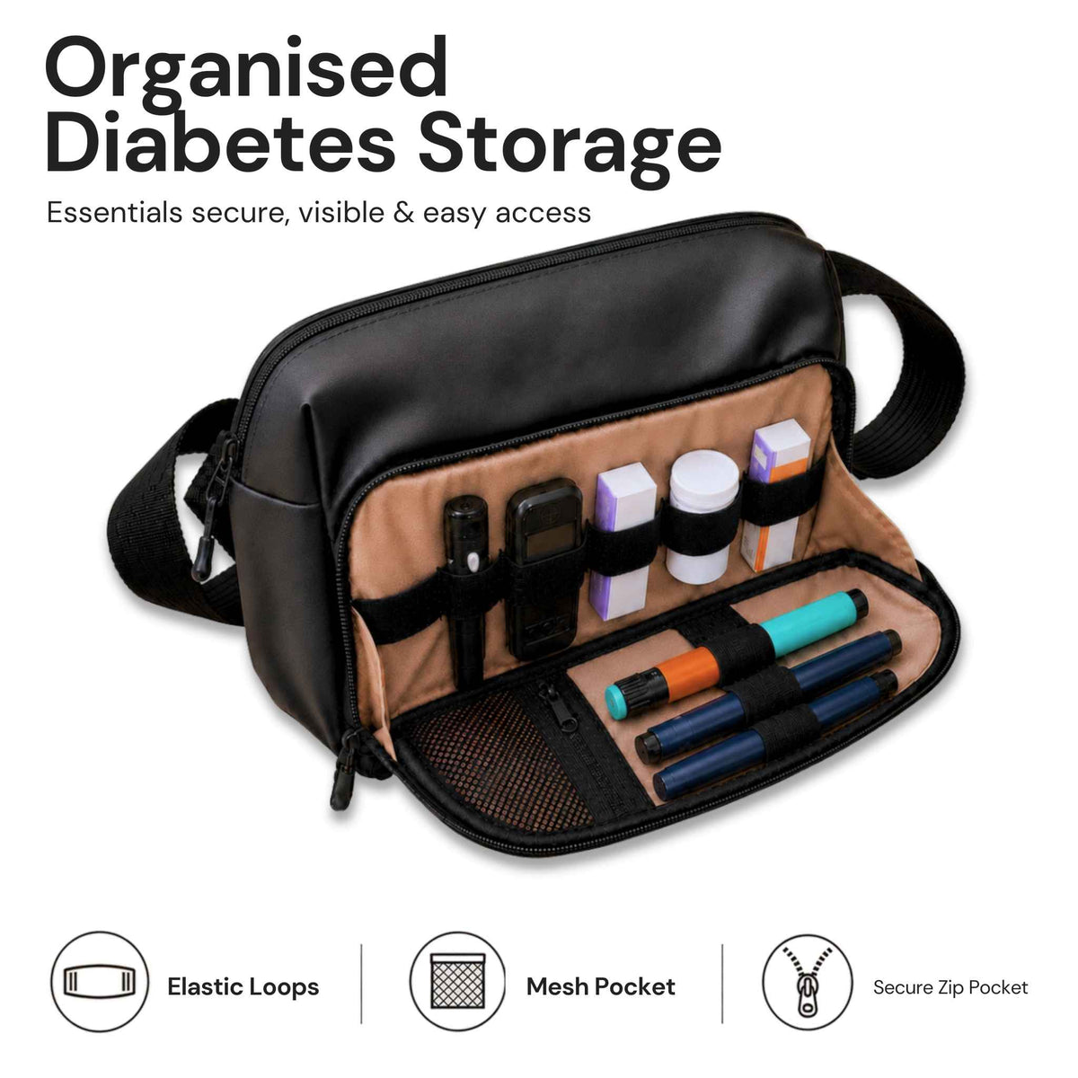 Black crossbody bag with an open front compartment showing organised diabetes storage accessories including a glucose meter, pens, and small containers. Text at top reads 'Organised Diabetes Storage' and feature icons at the bottom highlight elastic loops, mesh pocket, and secure zip pocket.