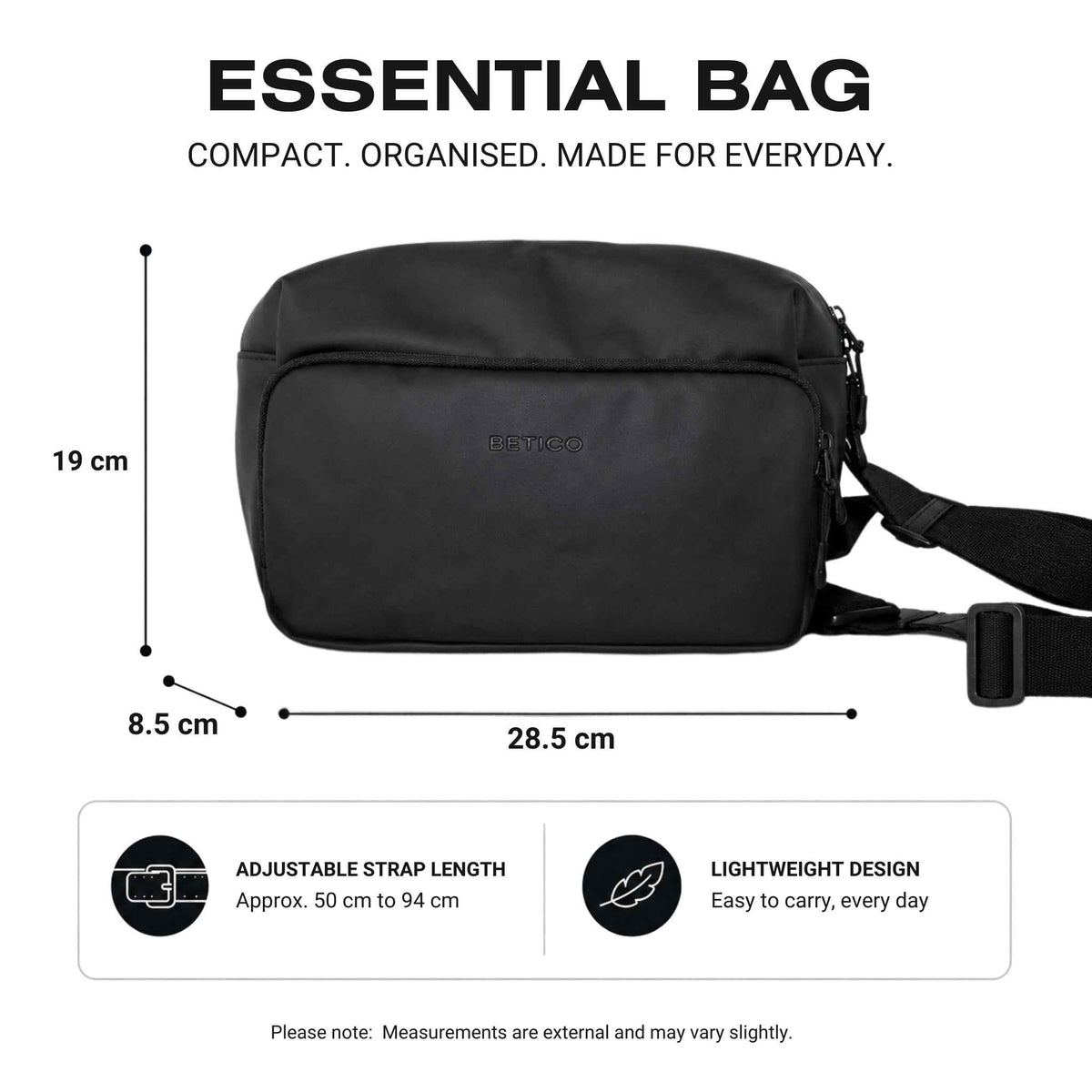 Black essential bag with measurements and features on a white background