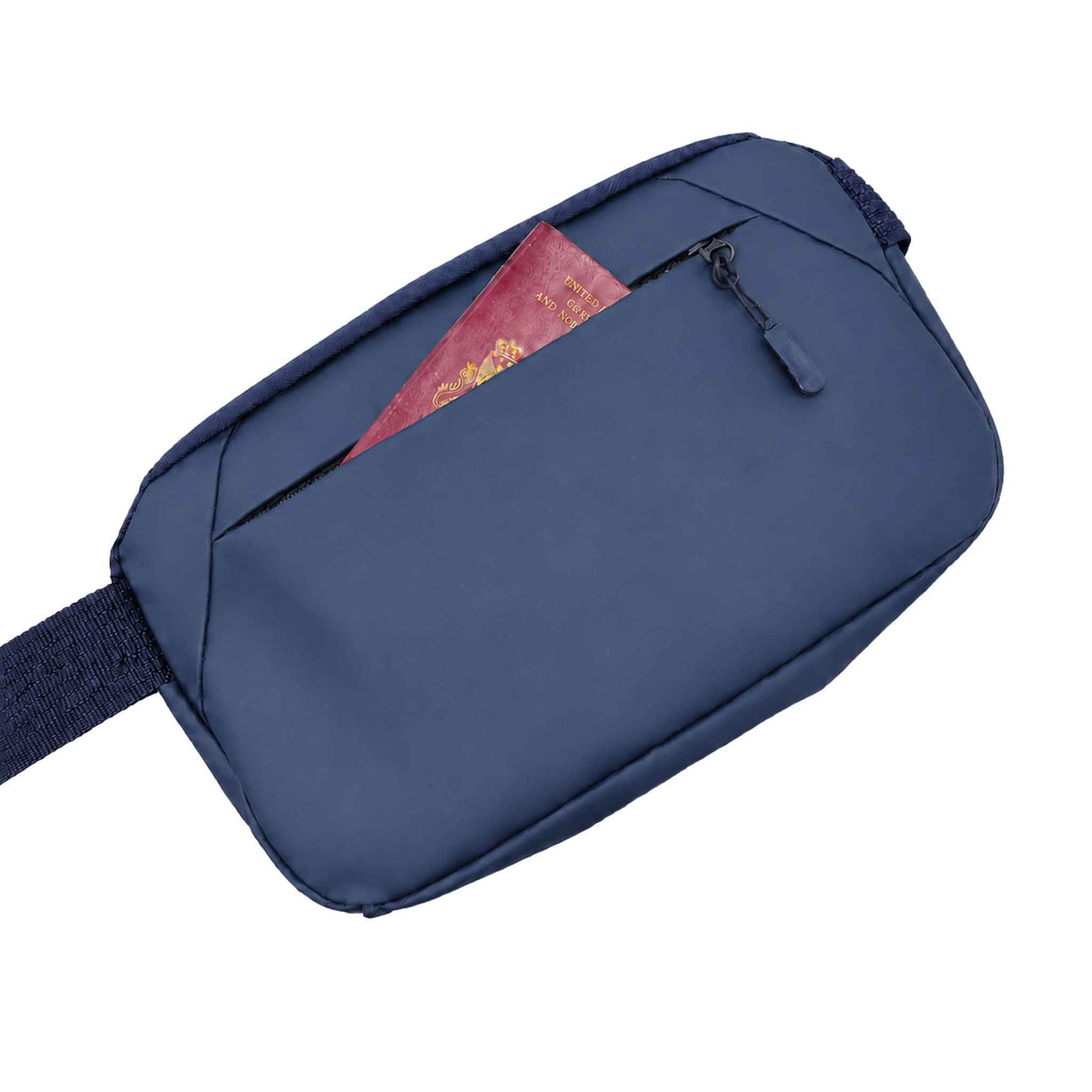 Blue Betico Essential Diabetes Bag shown from the back with the rear zip pocket open and a passport partly inserted.